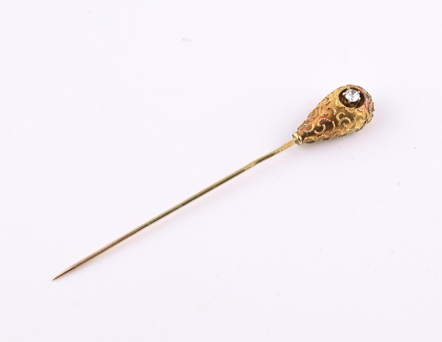 Antique 14K Yellow Gold Diamond Stick Pin Old Euro Old Mine Cut Lapel Tie Pin
