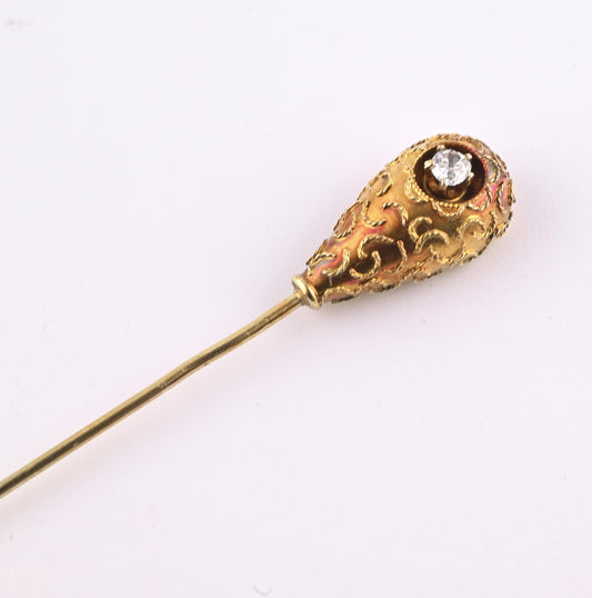 Antique 14K Yellow Gold Diamond Stick Pin Old Euro Old Mine Cut Lapel Tie Pin