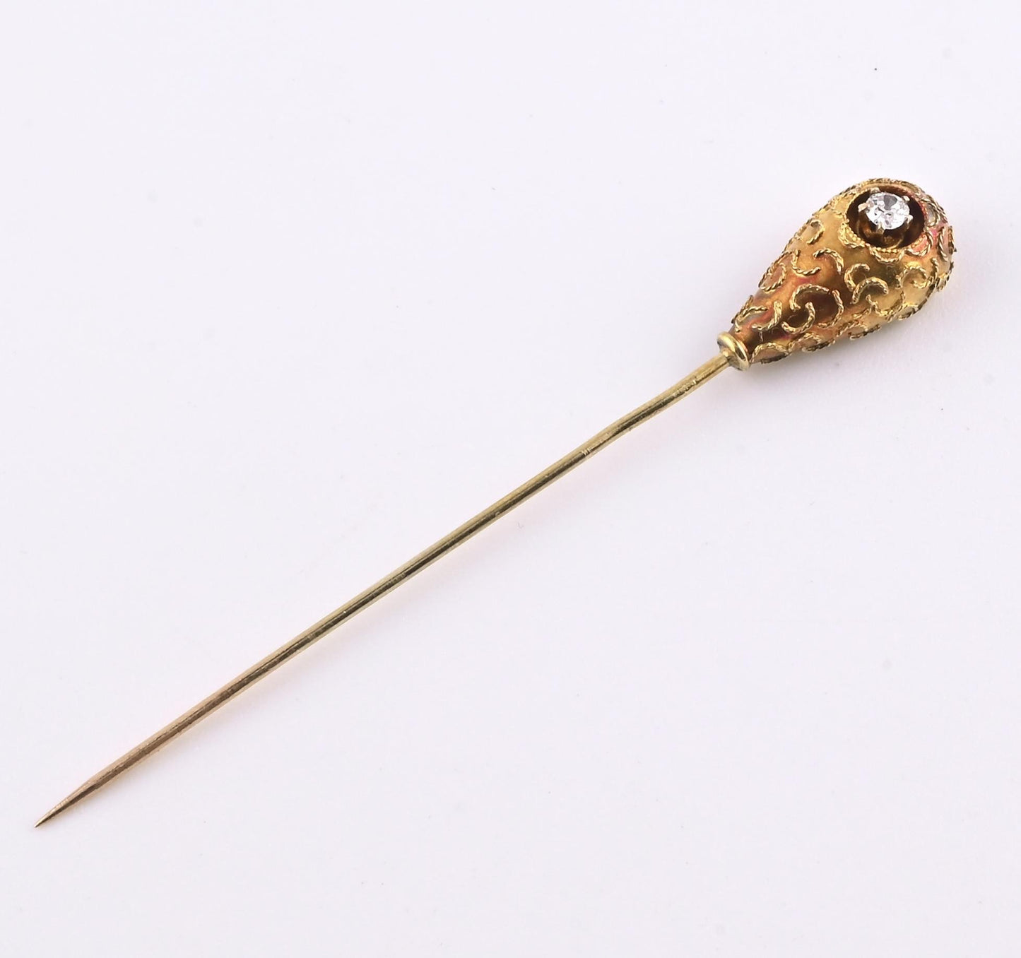 Antique 14K Yellow Gold Diamond Stick Pin Old Euro Old Mine Cut Lapel Tie Pin