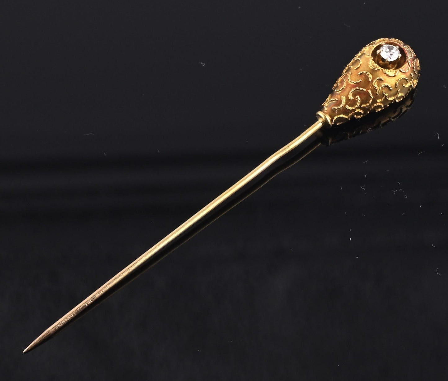 Antique 14K Yellow Gold Diamond Stick Pin Old Euro Old Mine Cut Lapel Tie Pin
