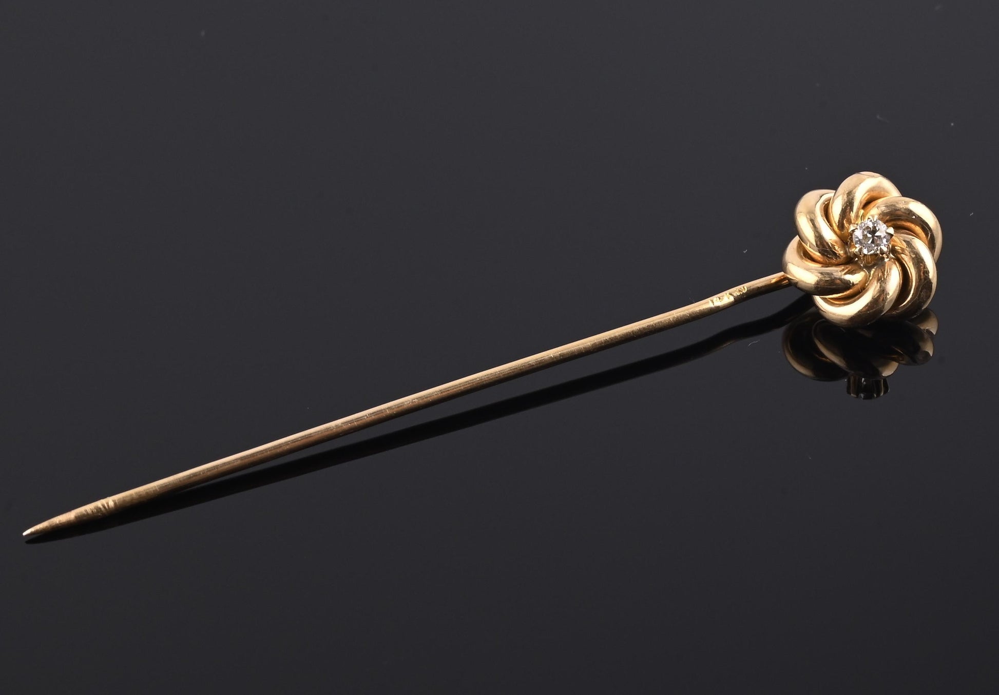 Antique 14K Yellow Gold Diamond Stick Pin Old Euro Old Mine Cut Lapel Tie Pin