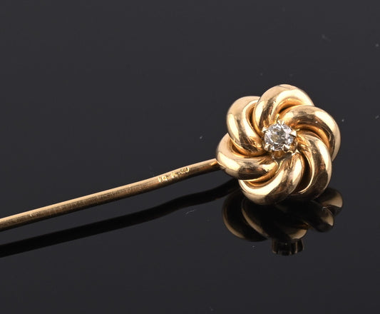 Antique 14K Yellow Gold Diamond Stick Pin Old Euro Old Mine Cut Lapel Tie Pin