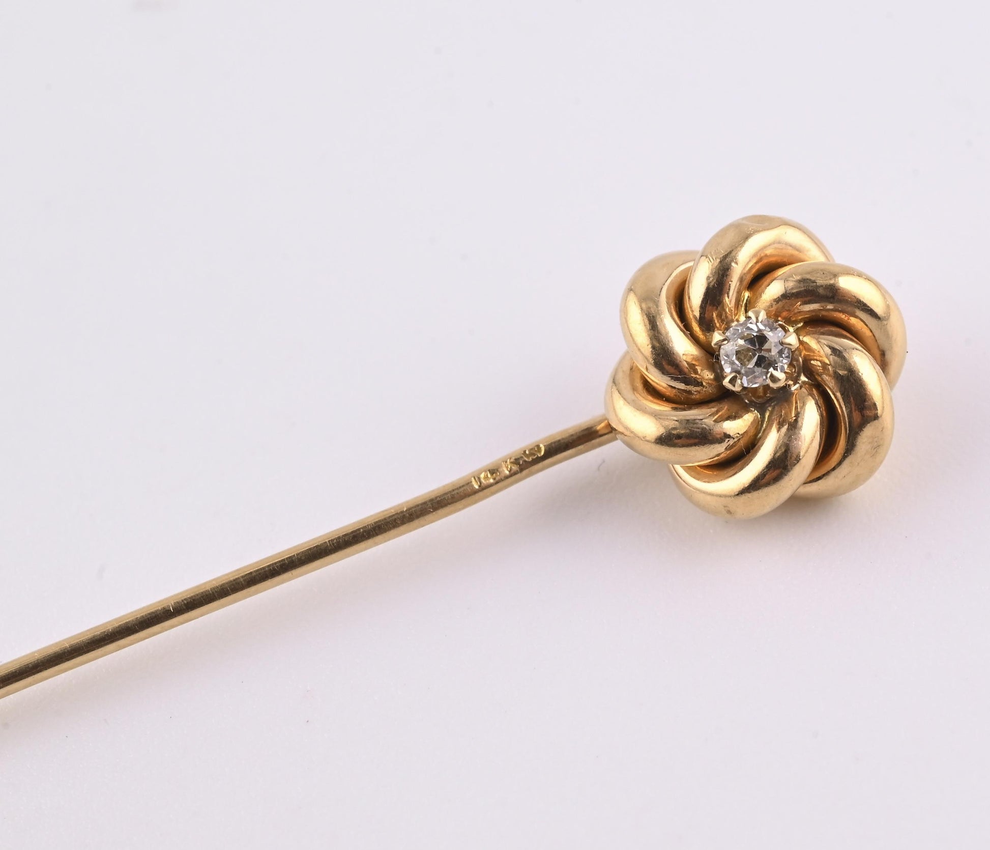 Antique 14K Yellow Gold Diamond Stick Pin Old Euro Old Mine Cut Lapel Tie Pin