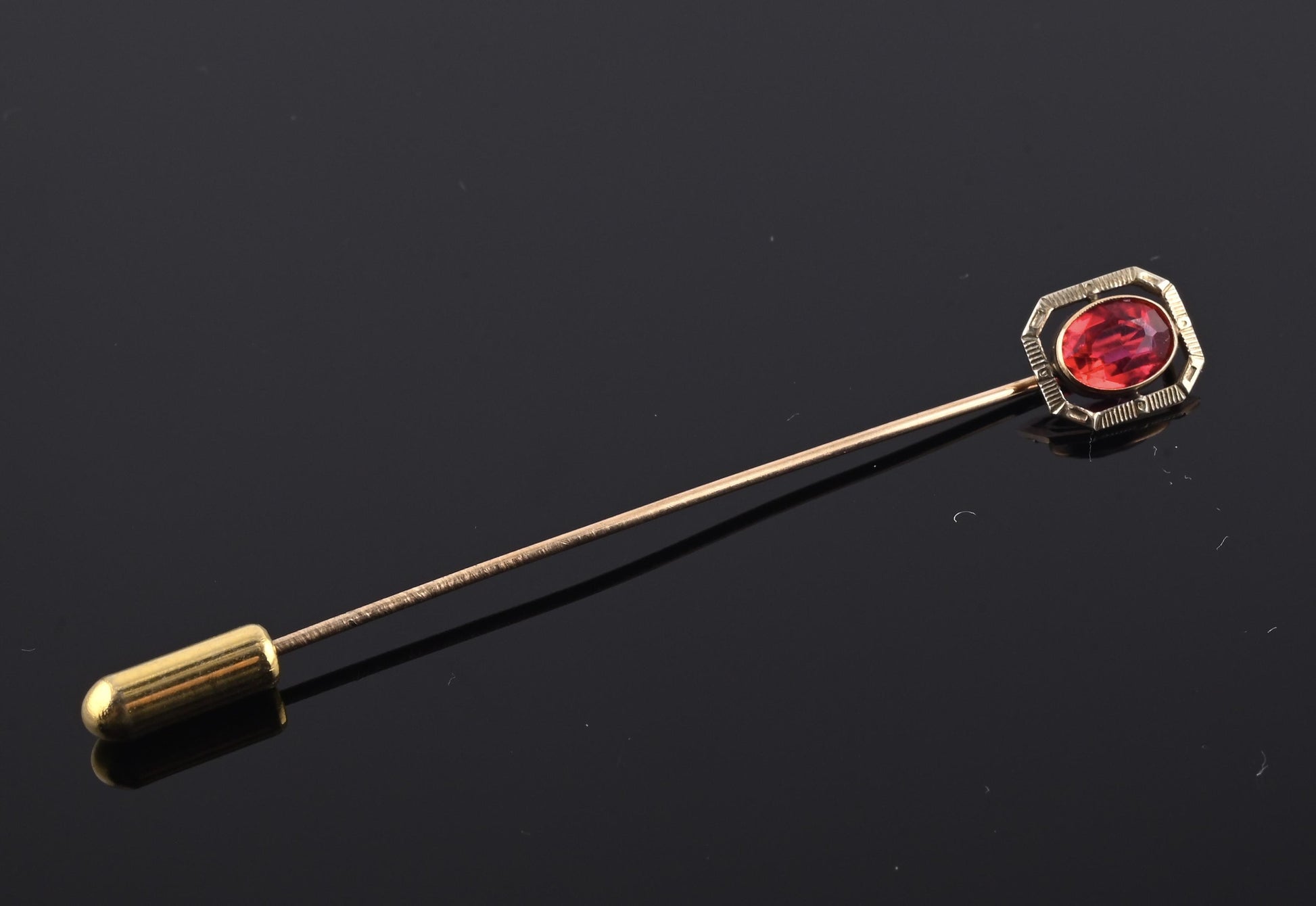 Vintage 10K Gold Stick Pin Lab Ruby Tie Lapel Hat Pin 2 5/8” Estate Jewelry