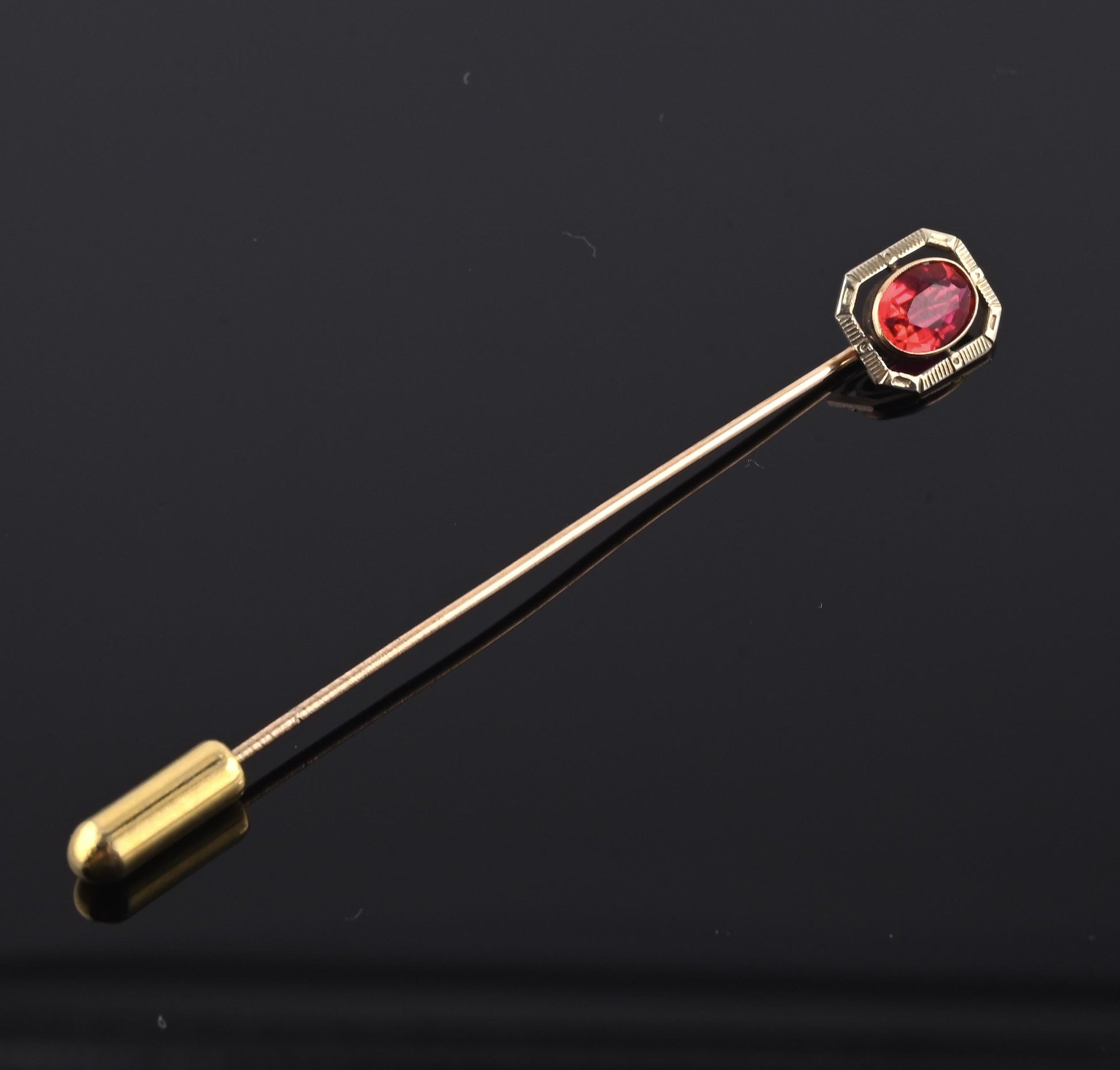 Vintage 10K Gold Stick Pin Lab Ruby Tie Lapel Hat Pin 2 5/8” Estate Jewelry