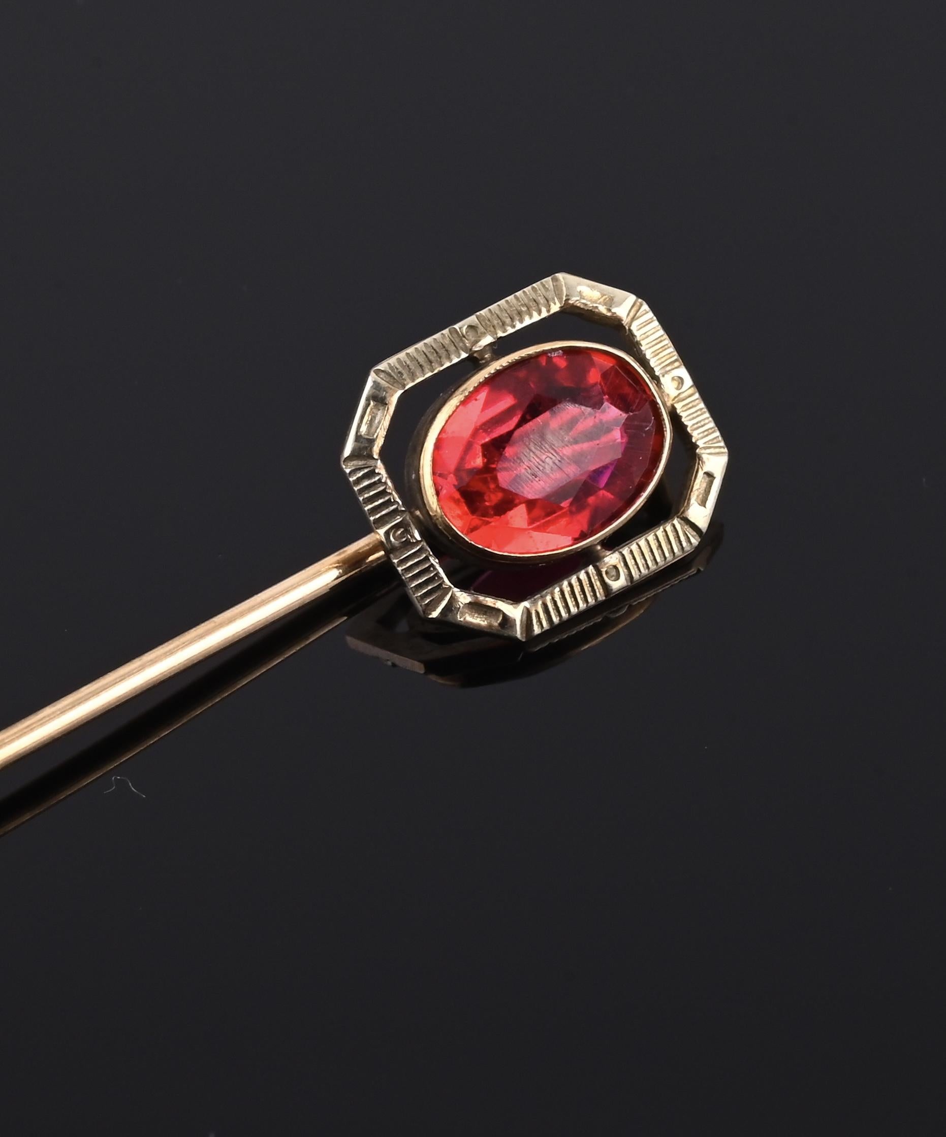Vintage 10K Gold Stick Pin Lab Ruby Tie Lapel Hat Pin 2 5/8” Estate Jewelry