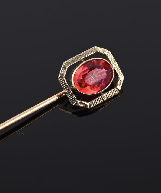 Vintage 10K Gold Stick Pin Lab Ruby Tie Lapel Hat Pin 2 5/8” Estate Jewelry
