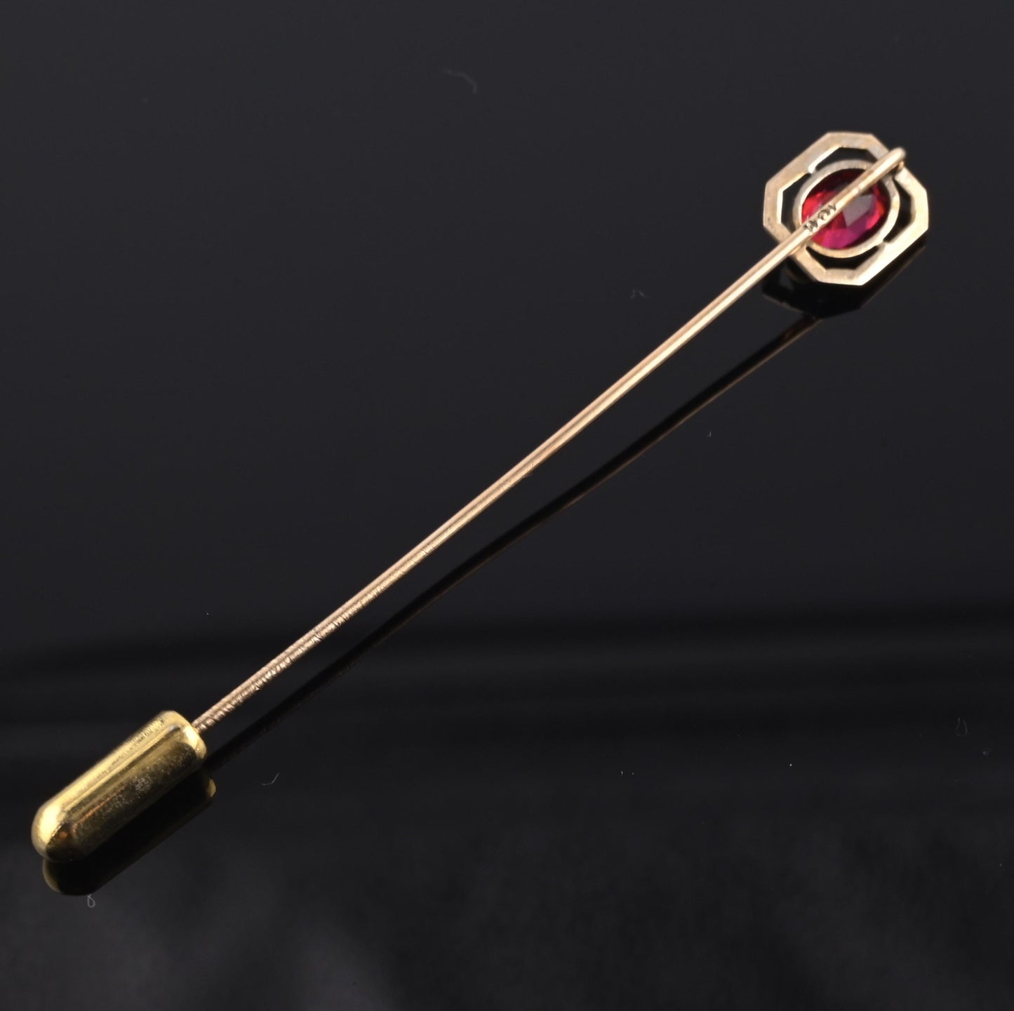Vintage 10K Gold Stick Pin Lab Ruby Tie Lapel Hat Pin 2 5/8” Estate Jewelry