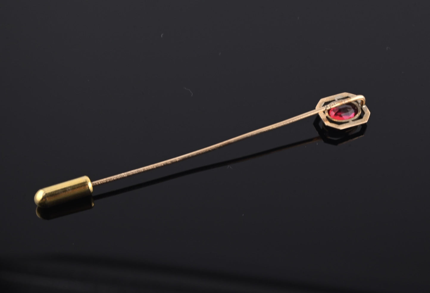 Vintage 10K Gold Stick Pin Lab Ruby Tie Lapel Hat Pin 2 5/8” Estate Jewelry