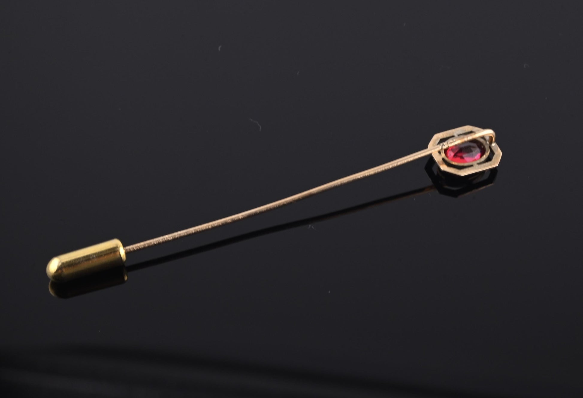Vintage 10K Gold Stick Pin Lab Ruby Tie Lapel Hat Pin 2 5/8” Estate Jewelry