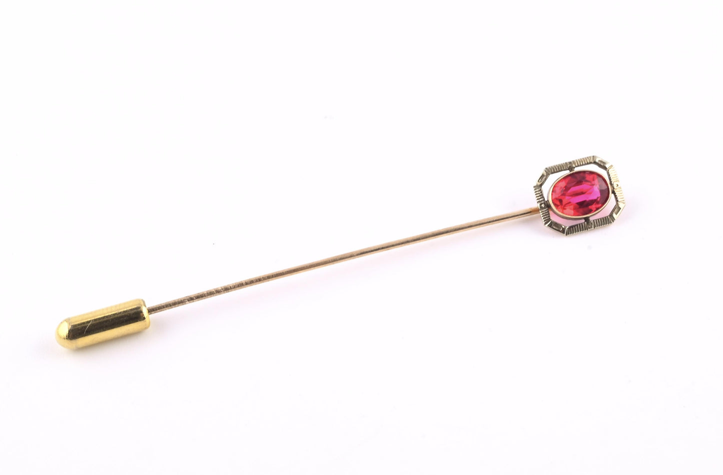 Vintage 10K Gold Stick Pin Lab Ruby Tie Lapel Hat Pin 2 5/8” Estate Jewelry