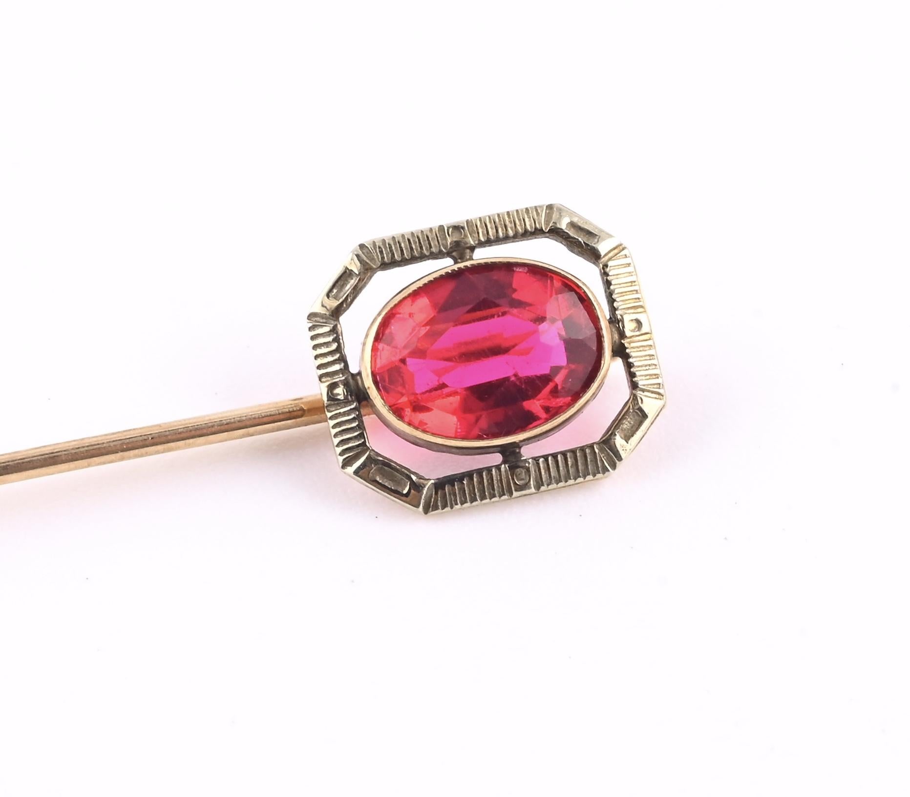 Vintage 10K Gold Stick Pin Lab Ruby Tie Lapel Hat Pin 2 5/8” Estate Jewelry