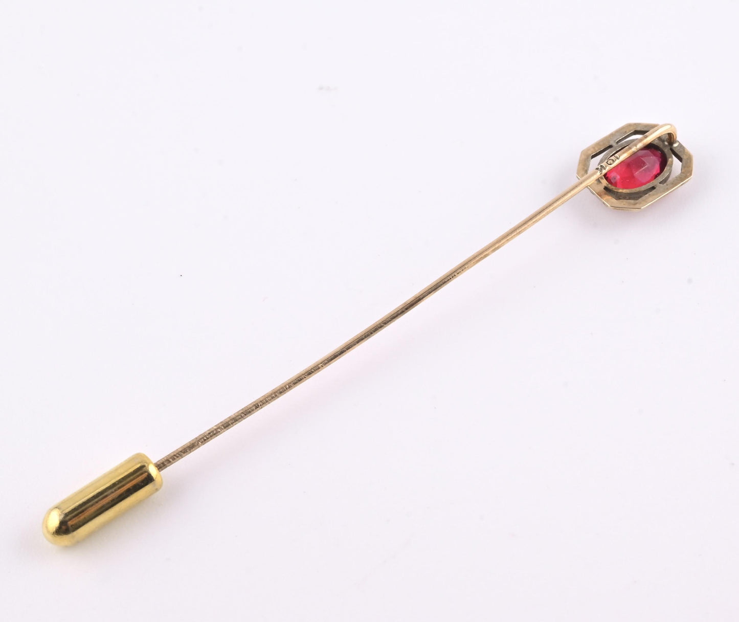 Vintage 10K Gold Stick Pin Lab Ruby Tie Lapel Hat Pin 2 5/8” Estate Jewelry