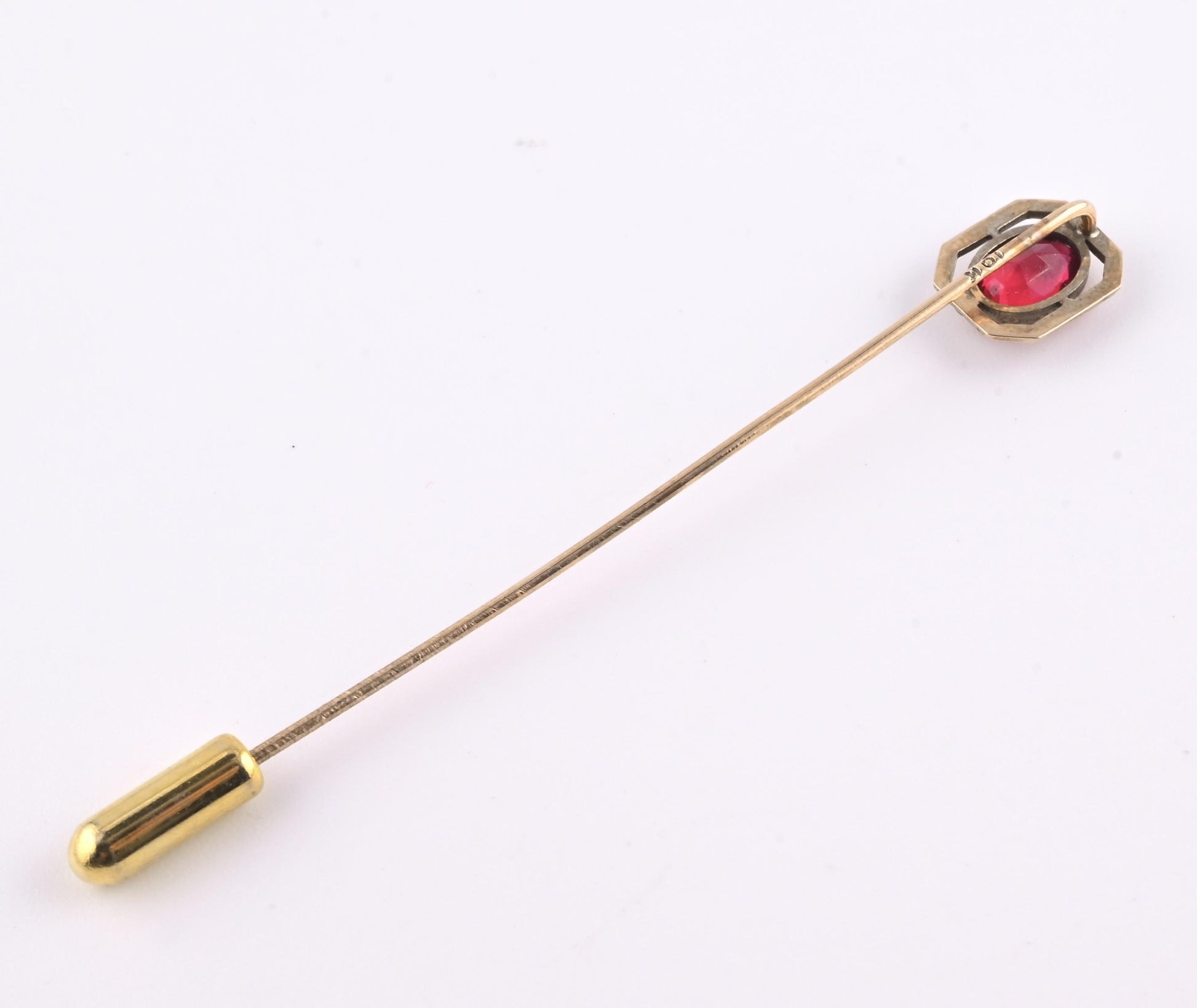 Vintage 10K Gold Stick Pin Lab Ruby Tie Lapel Hat Pin 2 5/8” Estate Jewelry