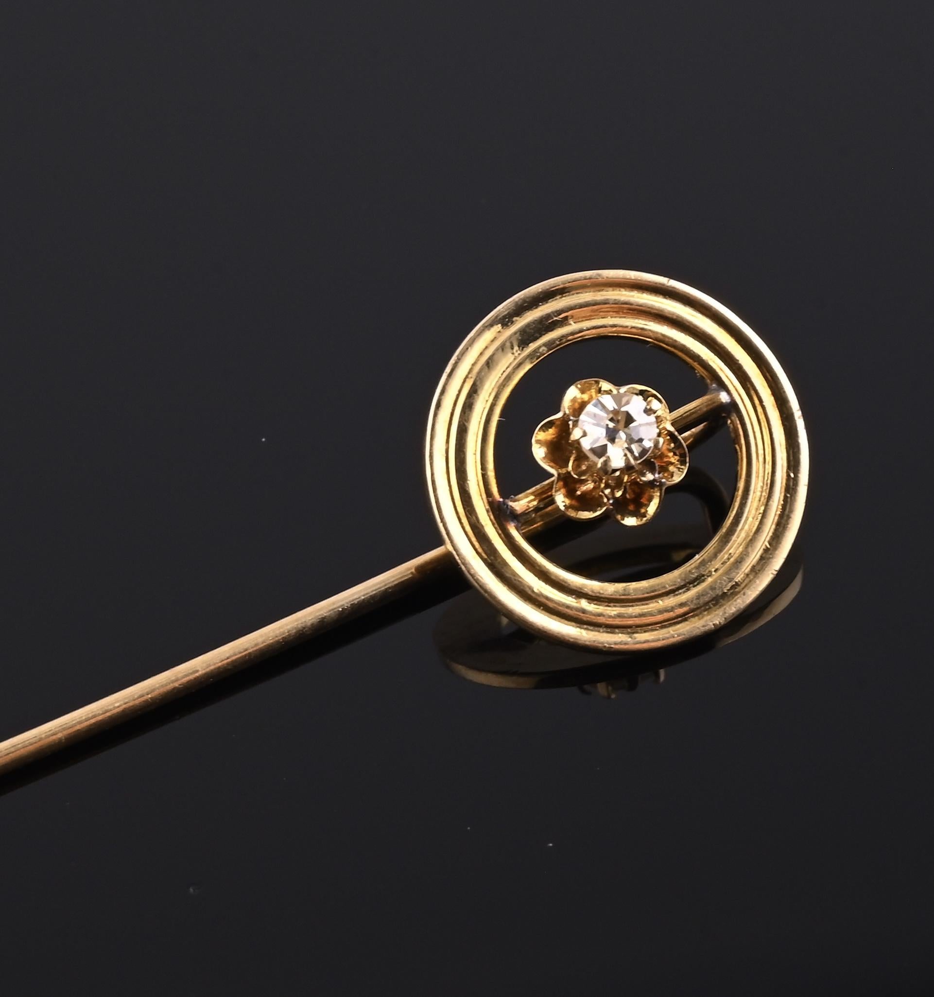 Antique 10K Yellow Gold Diamond Stick Pin Hat Lapel Tie Pin 2.25” Estate Jewelry
