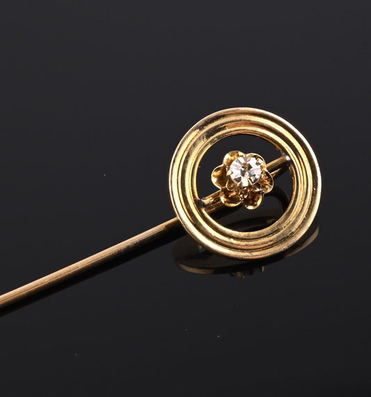 Antique 10K Yellow Gold Diamond Stick Pin Hat Lapel Tie Pin 2.25” Estate Jewelry