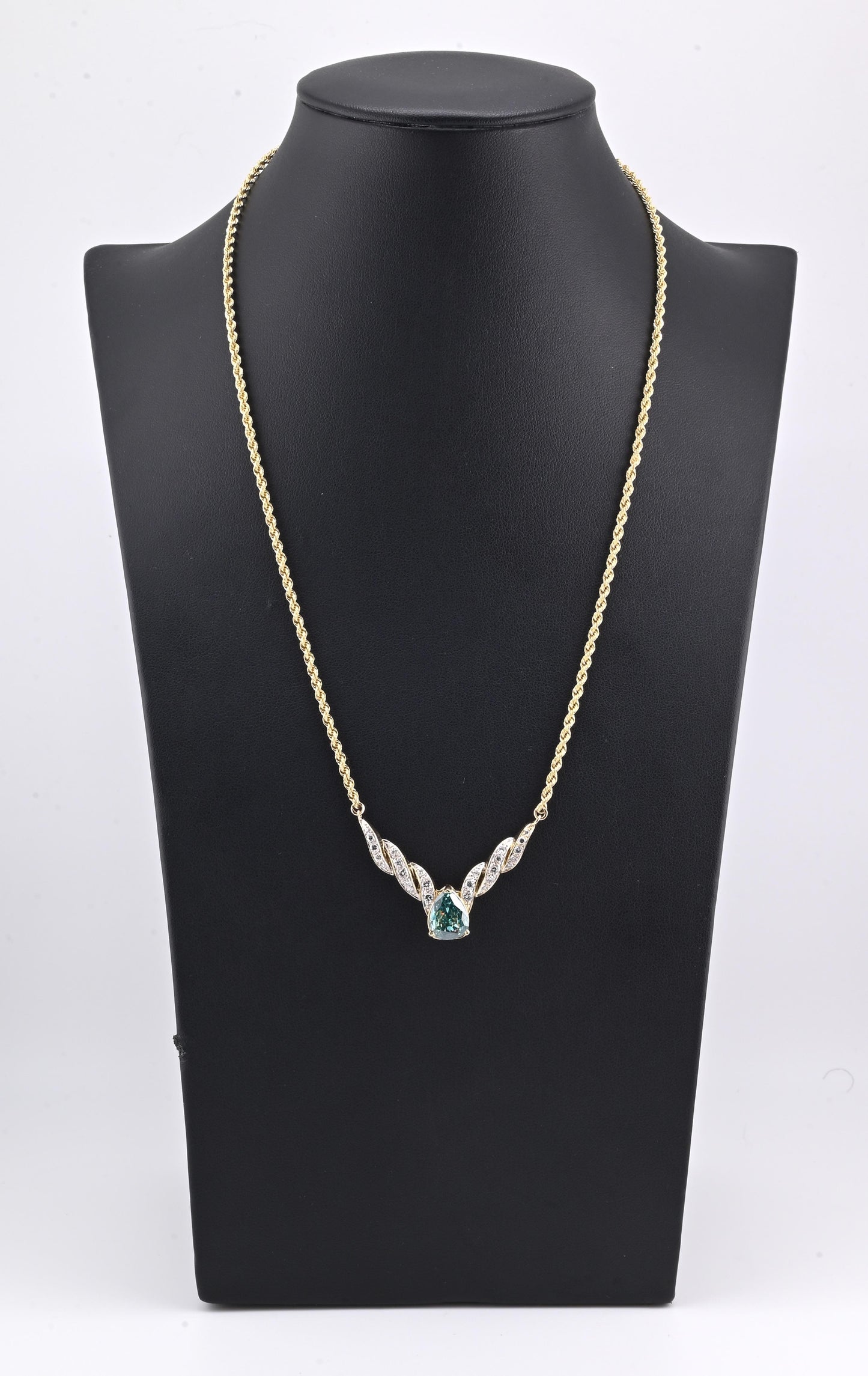 GIA Certified 14K Yellow Gold Fancy Vivid Blue-Green Diamond Necklace 2.51 Carat