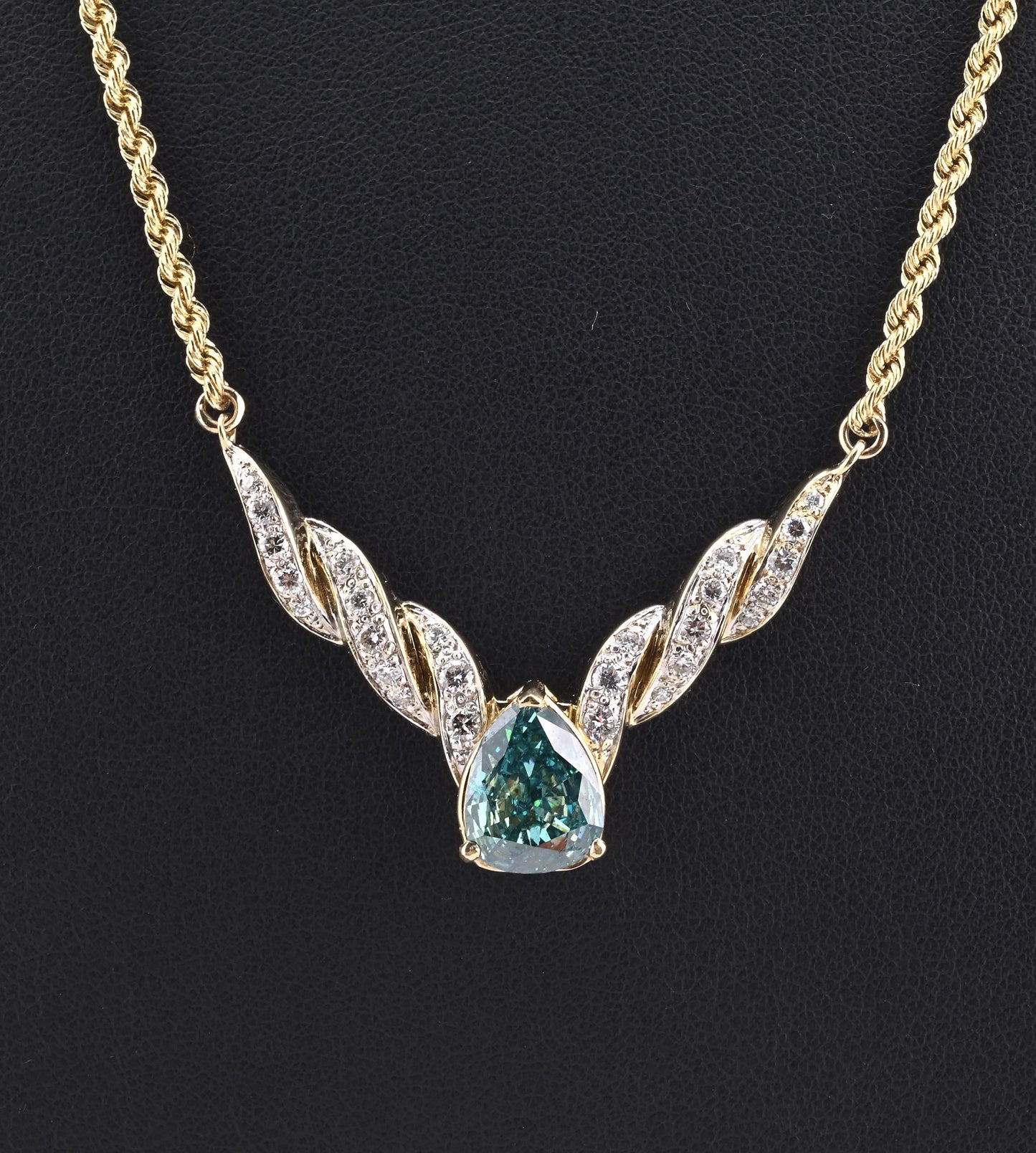 GIA Certified 14K Yellow Gold Fancy Vivid Blue-Green Diamond Necklace 2.51 Carat