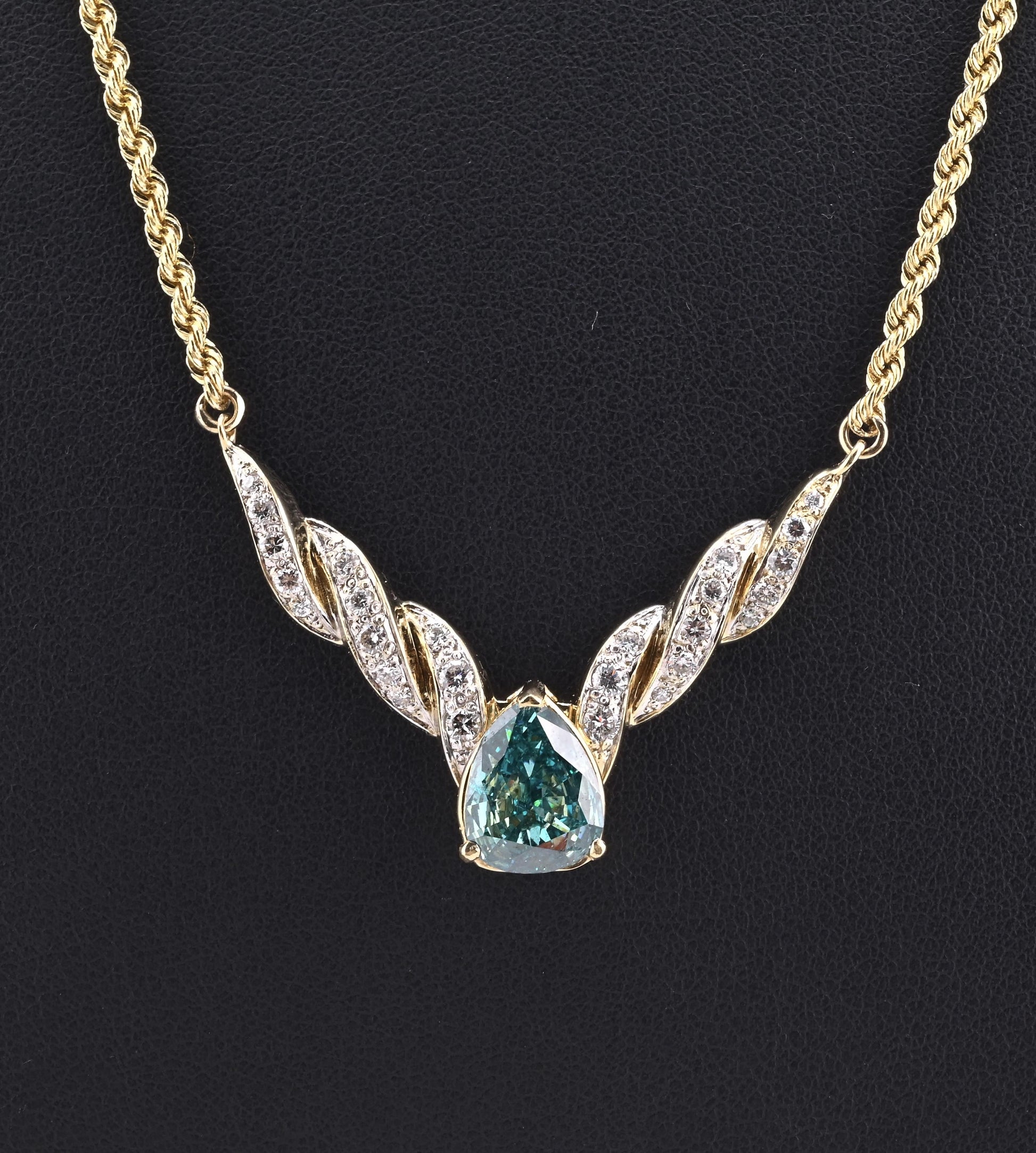 GIA Certified 14K Yellow Gold Fancy Vivid Blue-Green Diamond Necklace 2.51 Carat