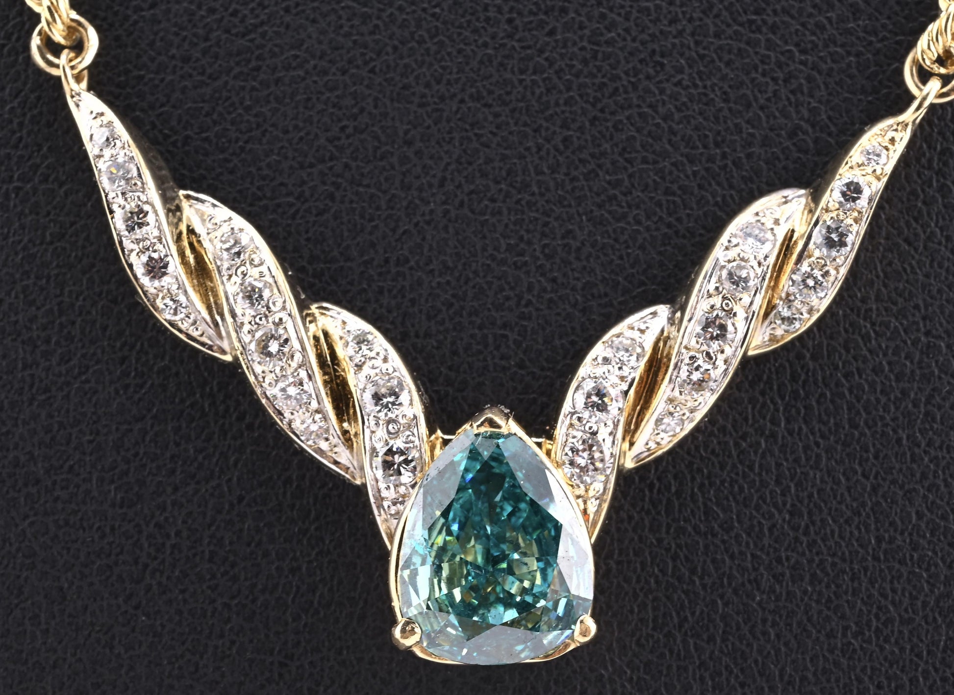 GIA Certified 14K Yellow Gold Fancy Vivid Blue-Green Diamond Necklace 2.51 Carat