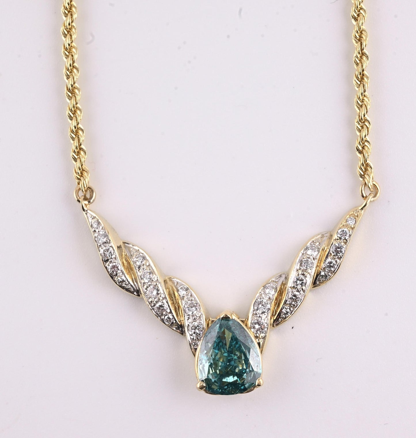 GIA Certified 14K Yellow Gold Fancy Vivid Blue-Green Diamond Necklace 2.51 Carat