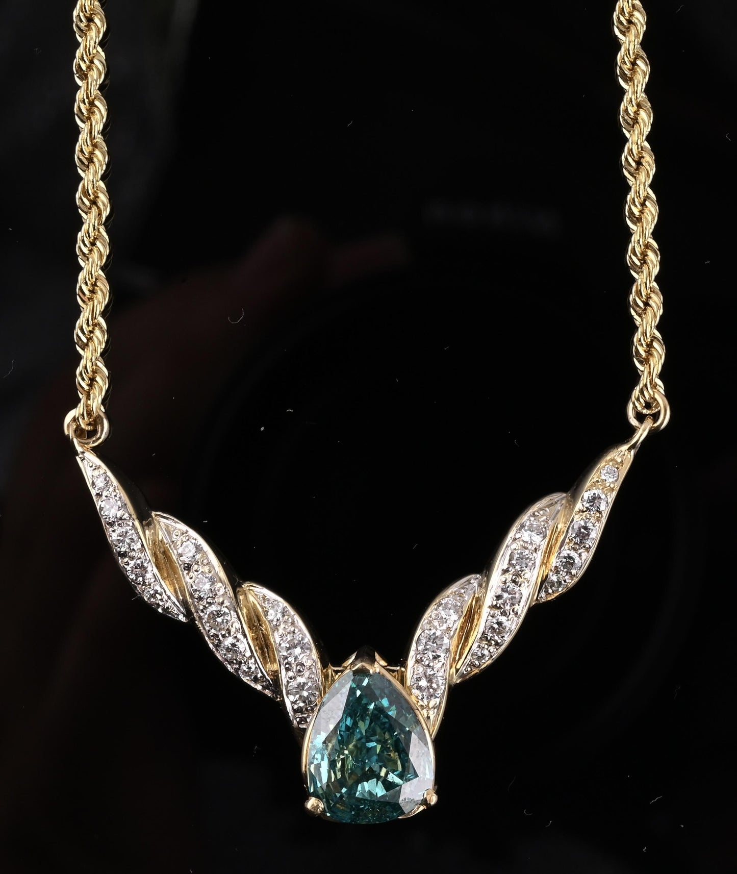 GIA Certified 14K Yellow Gold Fancy Vivid Blue-Green Diamond Necklace 2.51 Carat