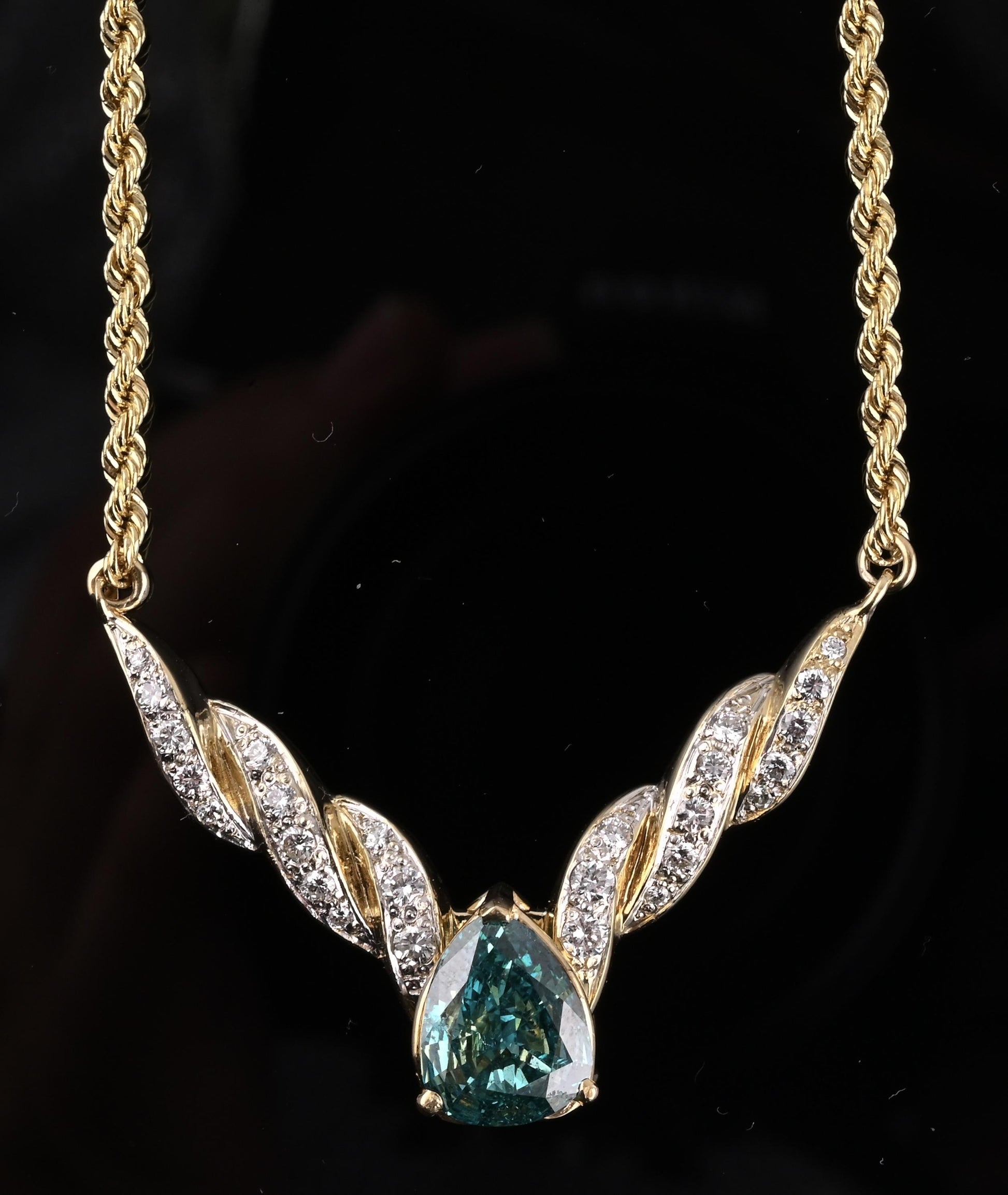 GIA Certified 14K Yellow Gold Fancy Vivid Blue-Green Diamond Necklace 2.51 Carat