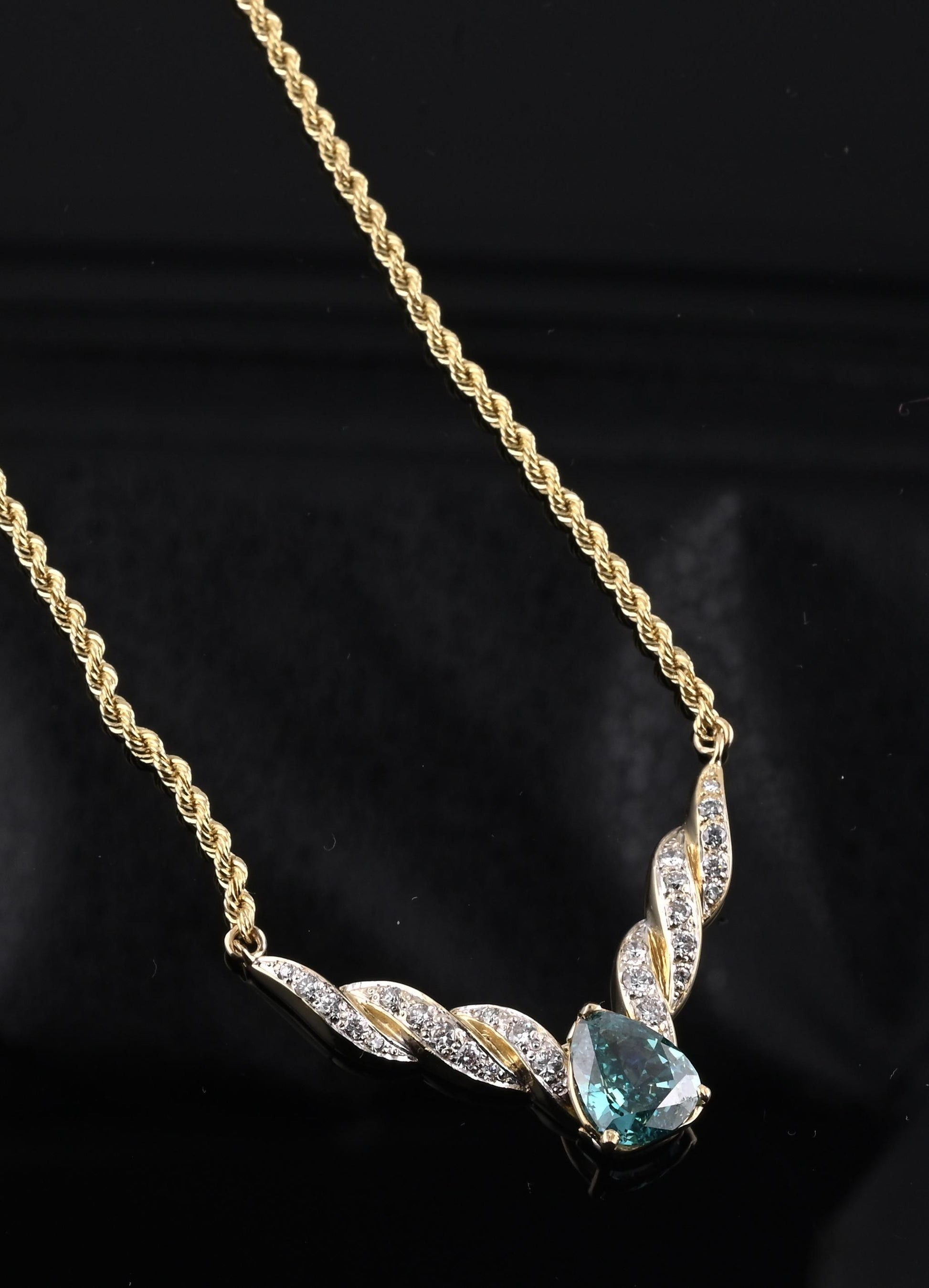 GIA Certified 14K Yellow Gold Fancy Vivid Blue-Green Diamond Necklace 2.51 Carat