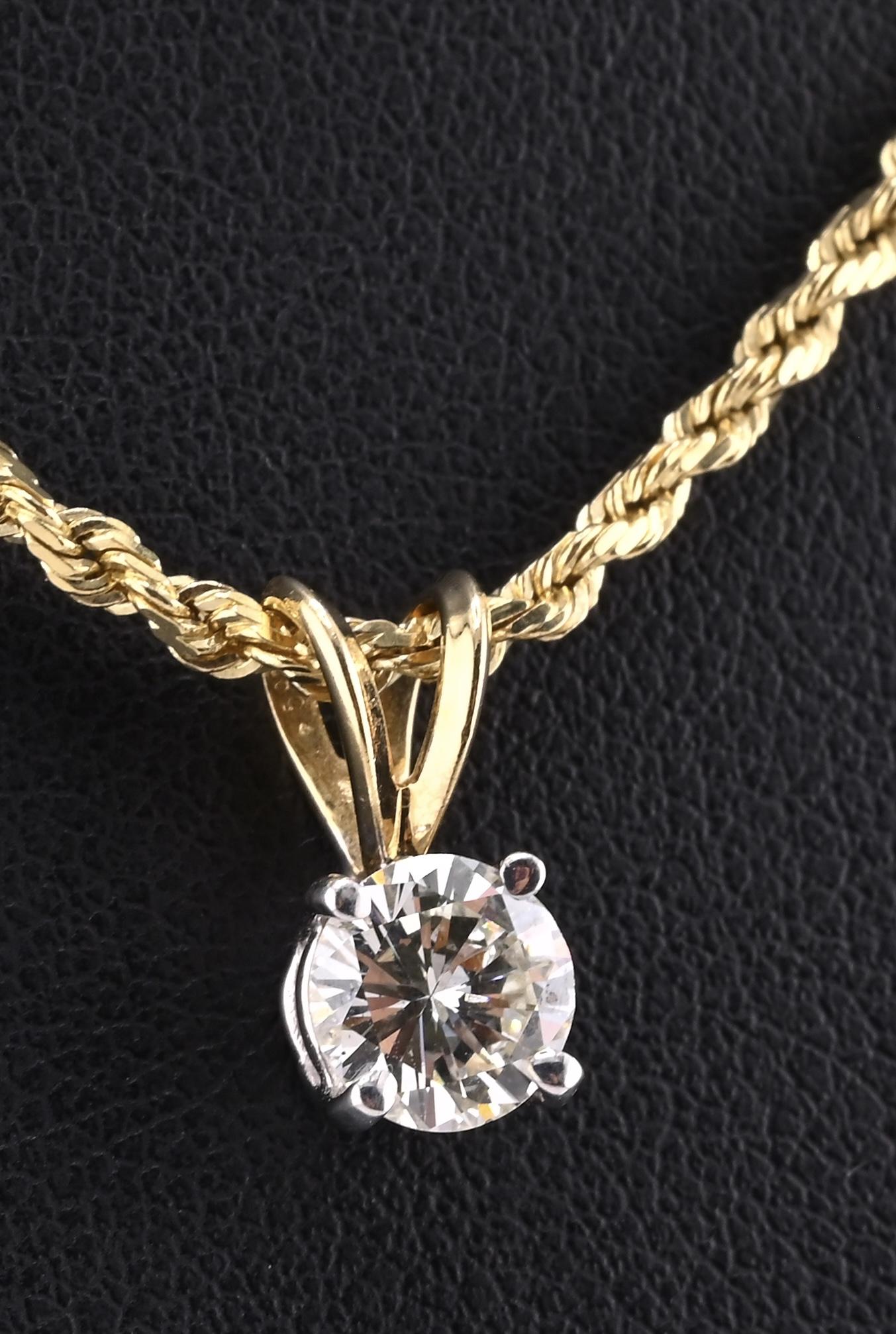 14K Yellow & White Gold Diamond Solitaire Necklace Pendant 0.75 CT VS2–SI1