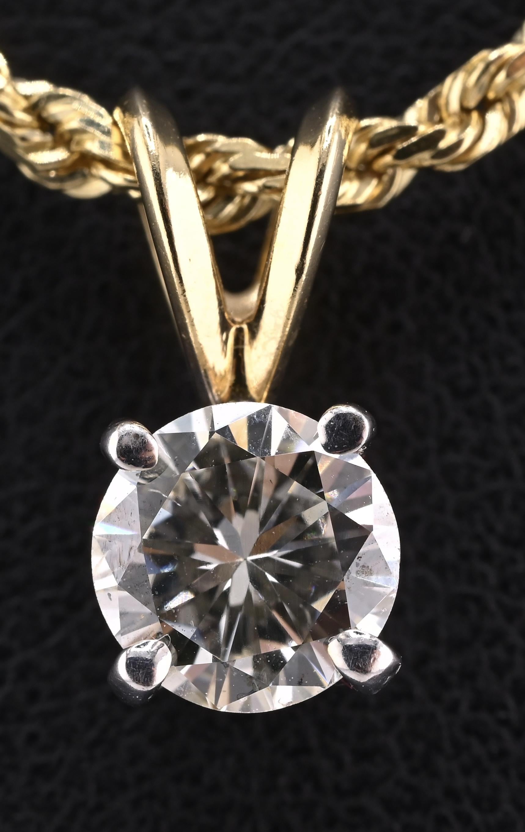 14K Yellow & White Gold Diamond Solitaire Necklace Pendant 0.75 CT VS2–SI1