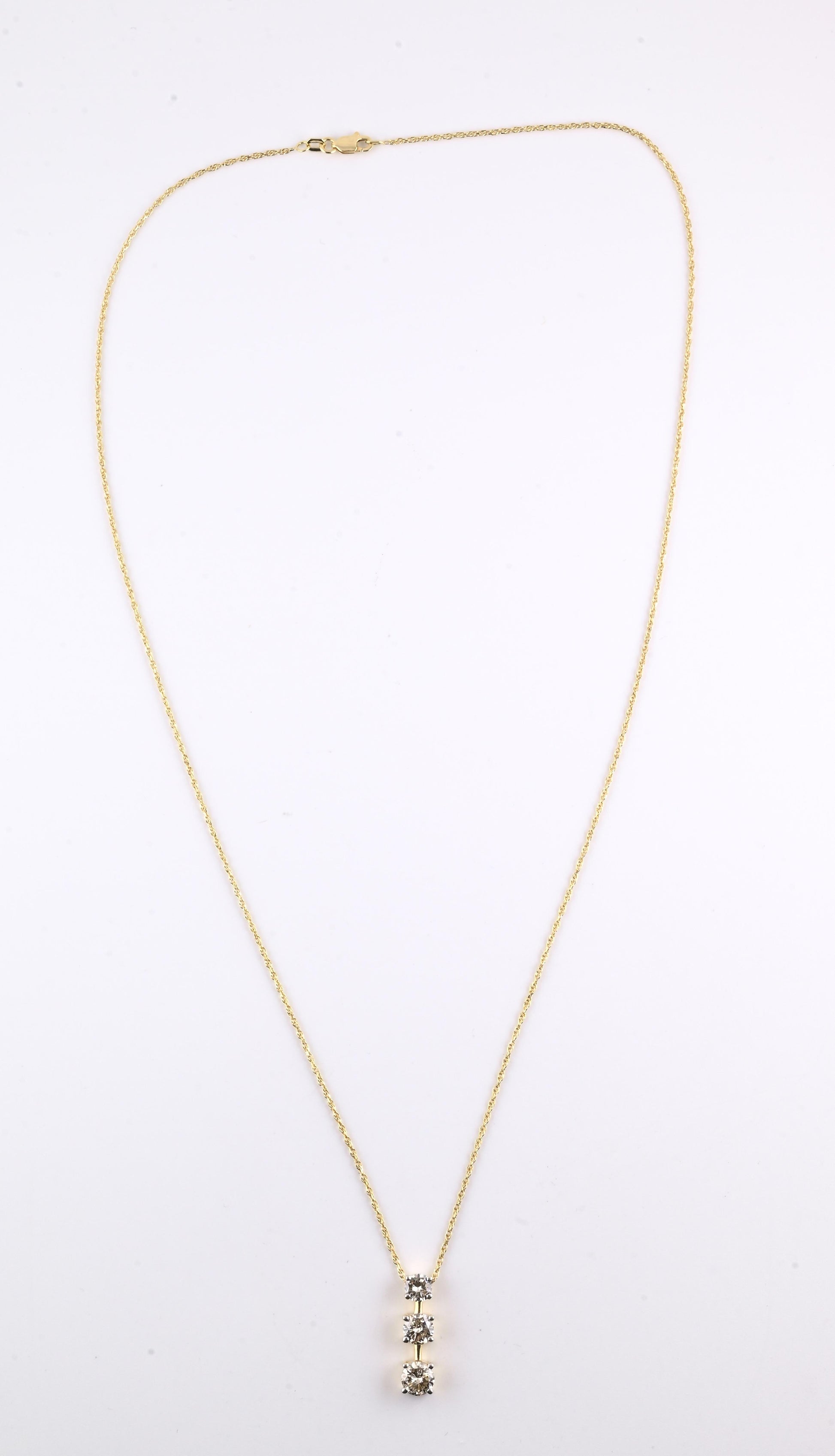14K Yellow Gold Diamond Necklace w/ Three Stone Drop Pendant 1.92 CTW
