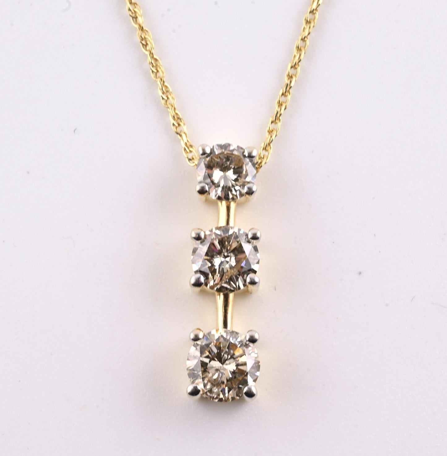 14K Yellow Gold Diamond Necklace w/ Three Stone Drop Pendant 1.92 CTW