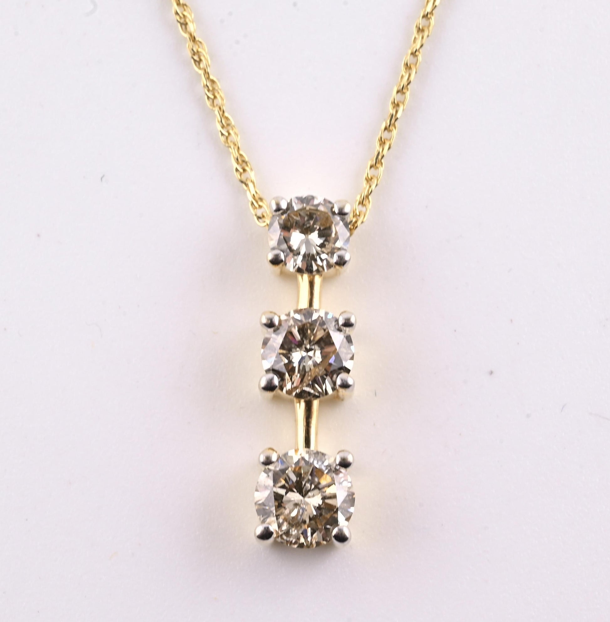 14K Yellow Gold Diamond Necklace w/ Three Stone Drop Pendant 1.92 CTW