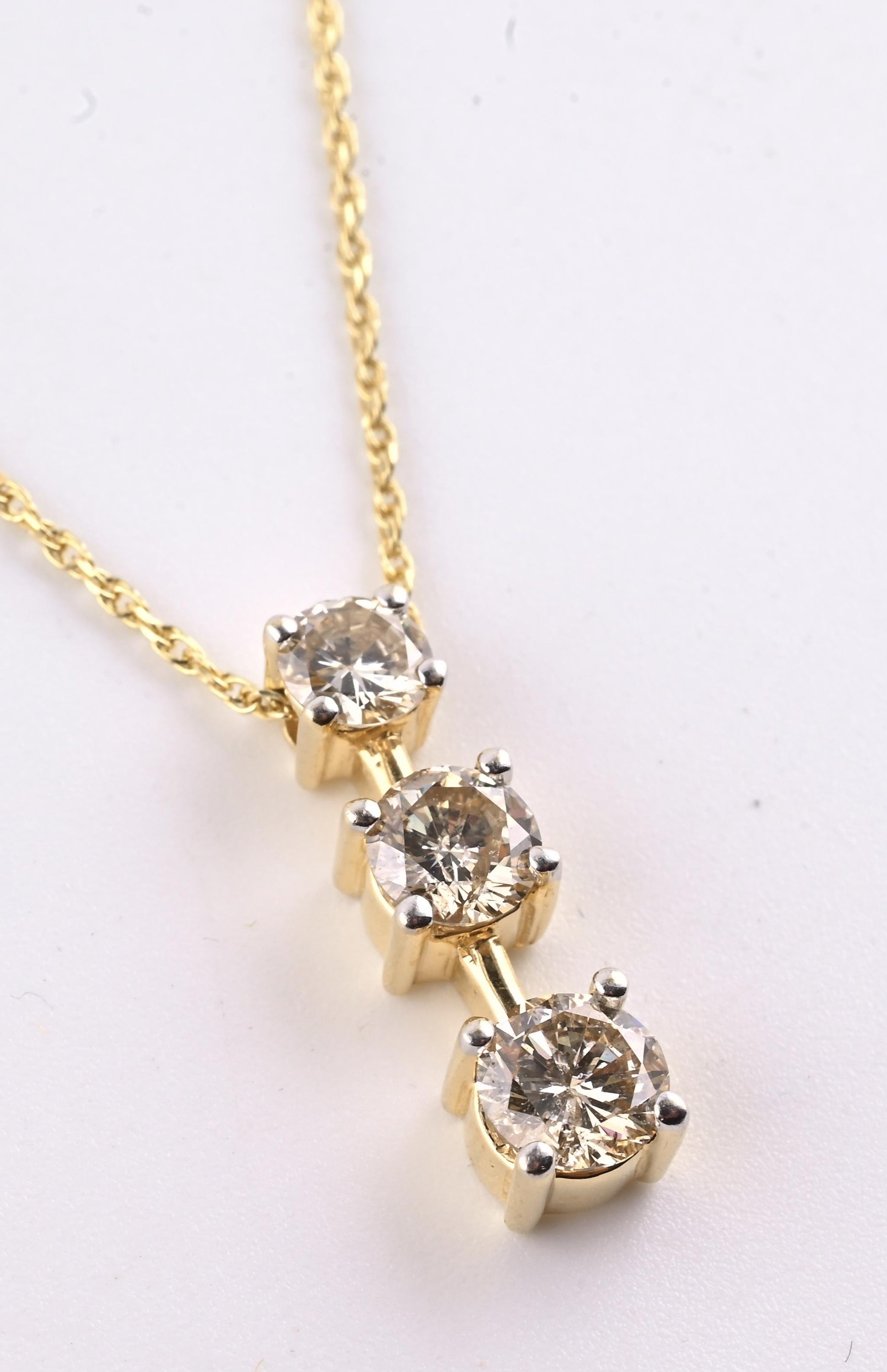14K Yellow Gold Diamond Necklace w/ Three Stone Drop Pendant 1.92 CTW