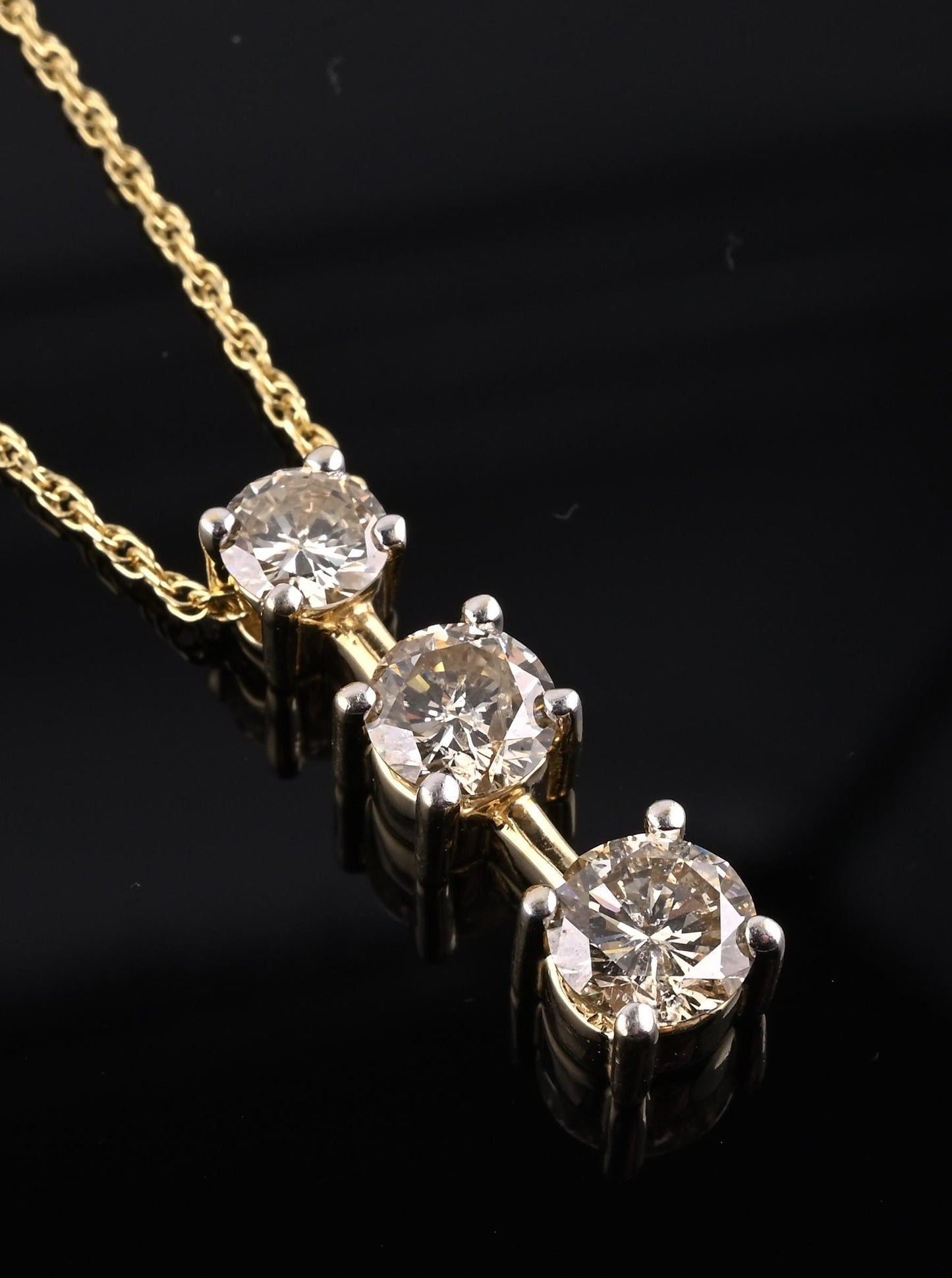 14K Yellow Gold Diamond Necklace w/ Three Stone Drop Pendant 1.92 CTW