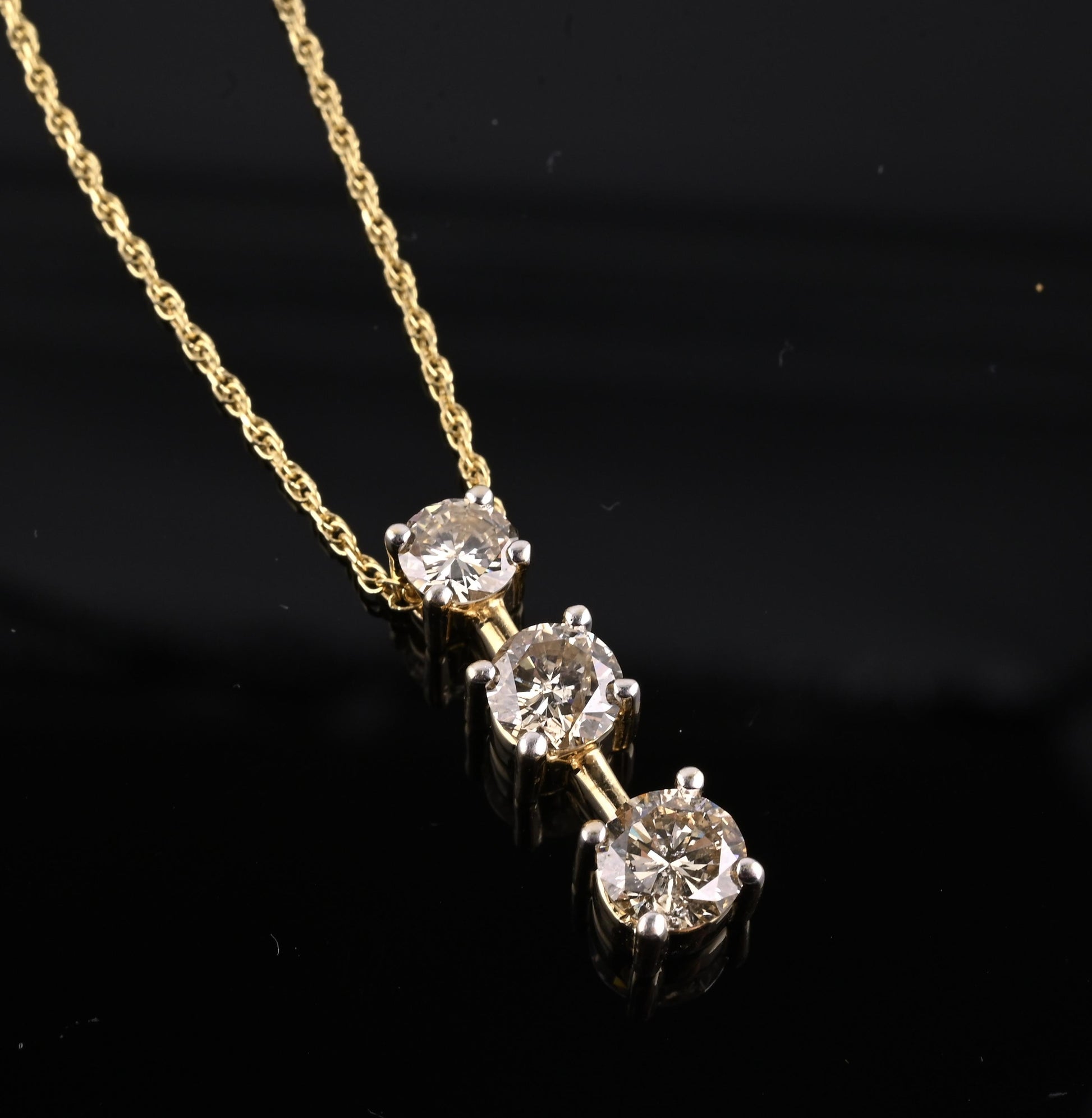 14K Yellow Gold Diamond Necklace w/ Three Stone Drop Pendant 1.92 CTW