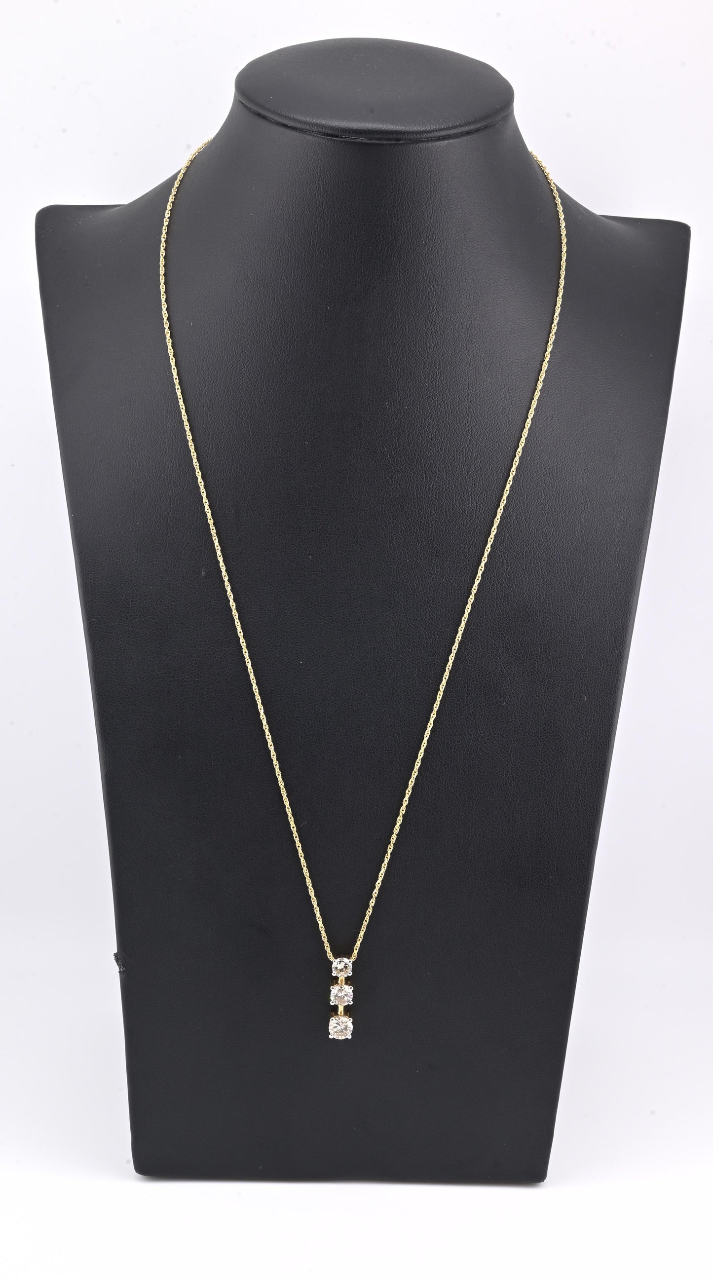 14K Yellow Gold Diamond Necklace w/ Three Stone Drop Pendant 1.92 CTW