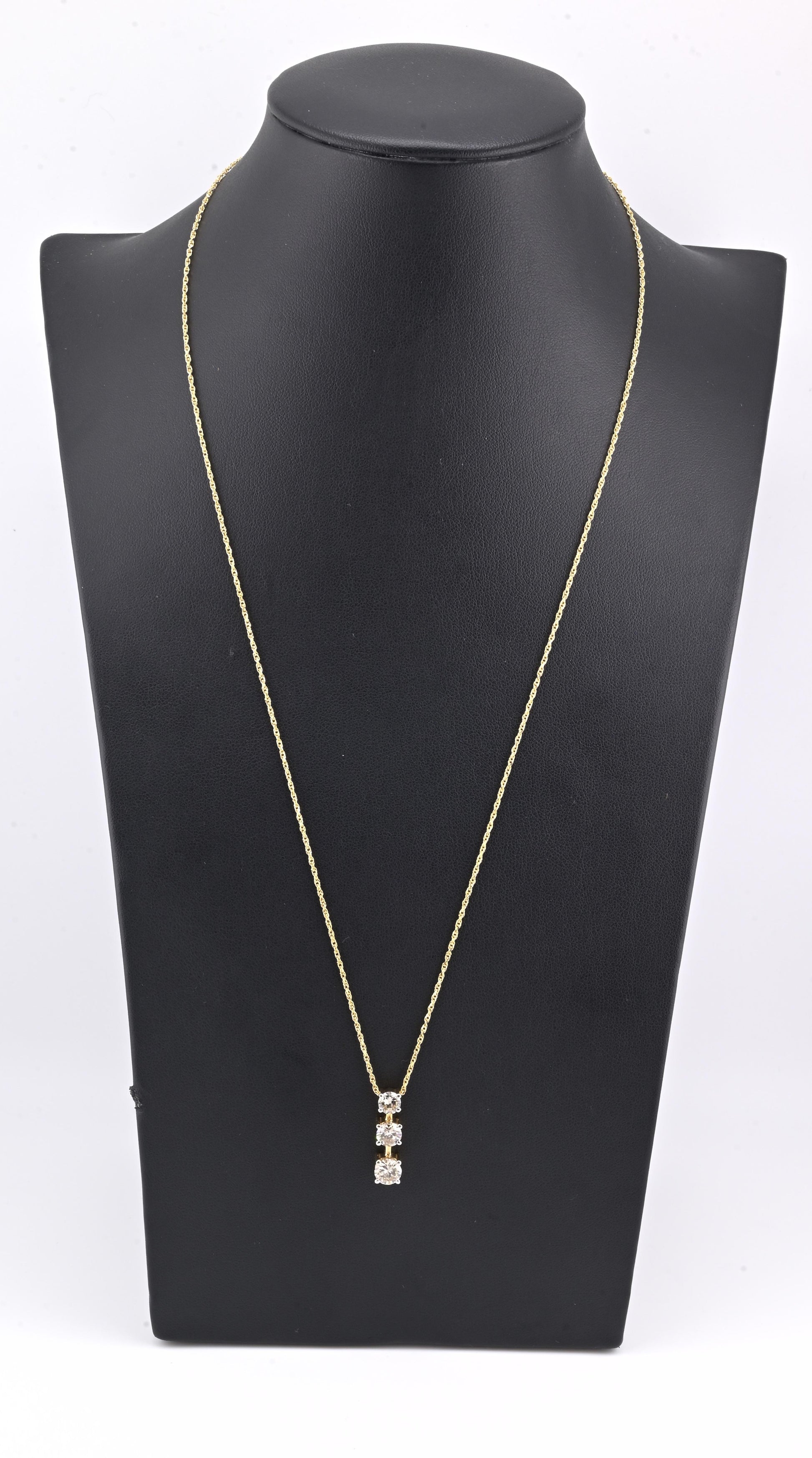 14K Yellow Gold Diamond Necklace w/ Three Stone Drop Pendant 1.92 CTW