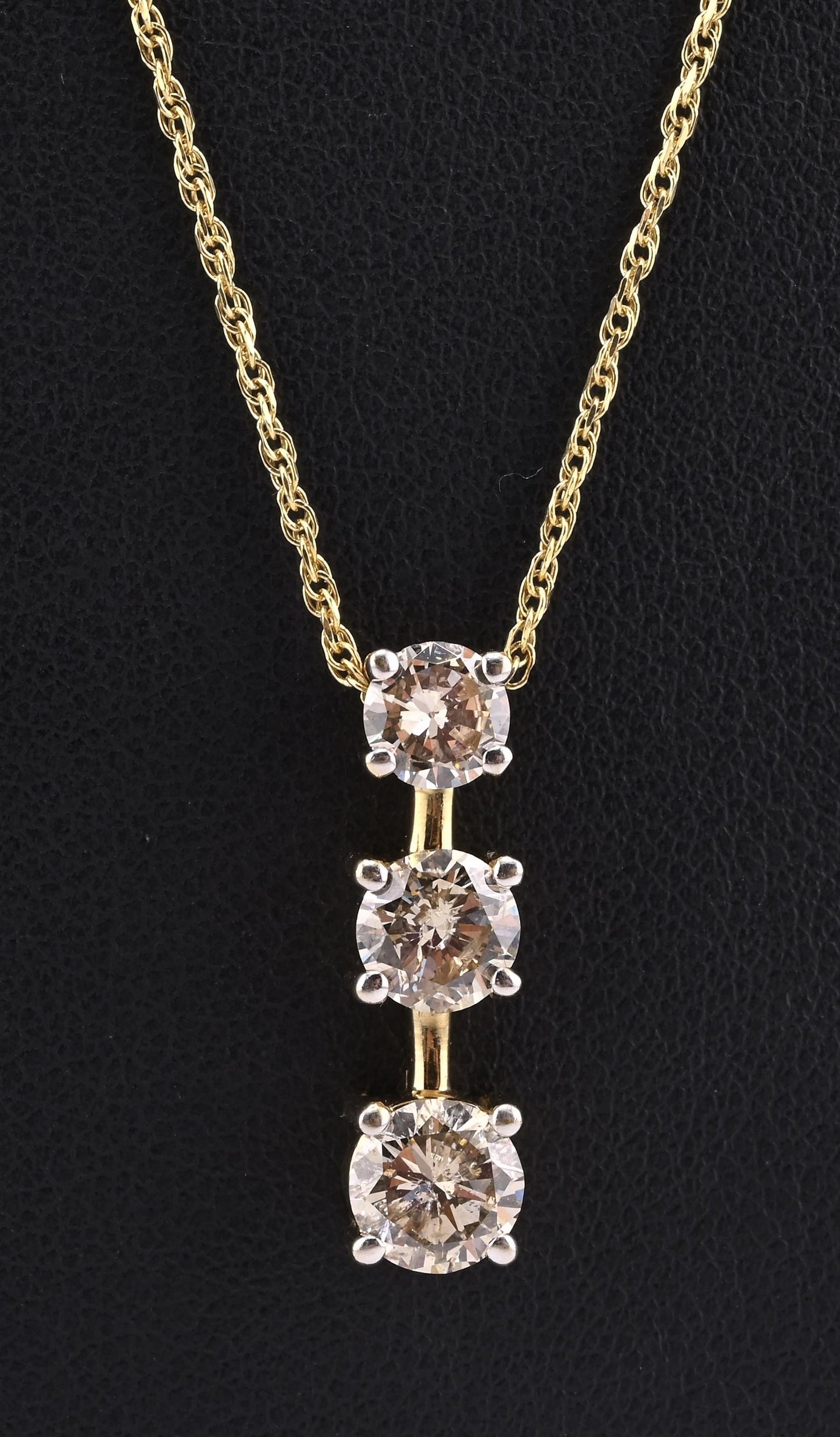 14K Yellow Gold Diamond Necklace w/ Three Stone Drop Pendant 1.92 CTW