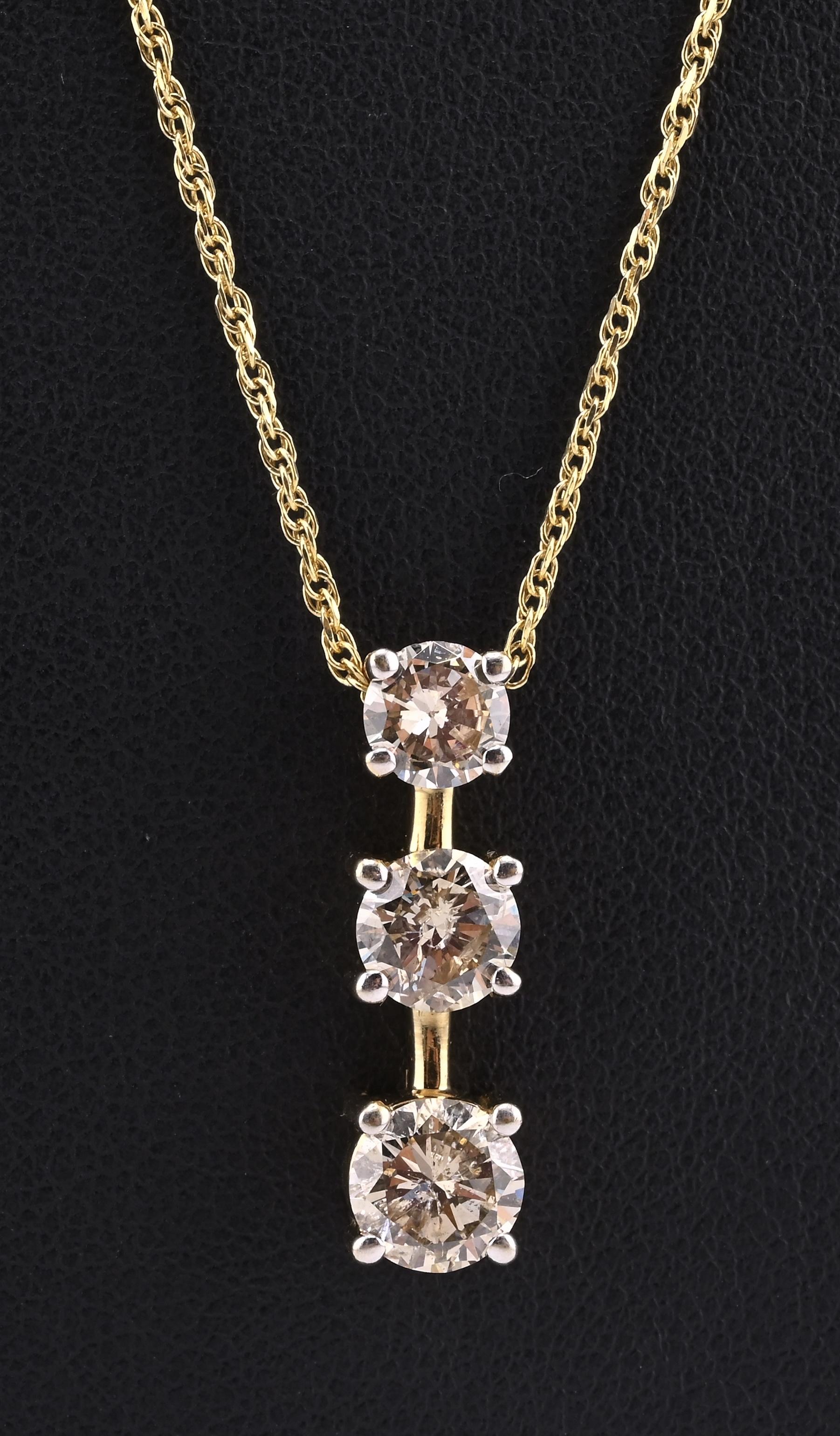 14K Yellow Gold Diamond Necklace w/ Three Stone Drop Pendant 1.92 CTW