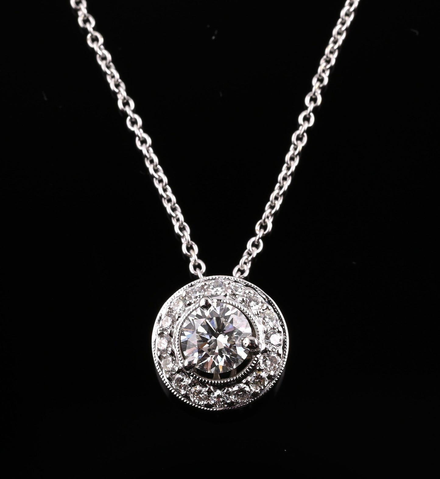 14K Gold Chain w/ 18K Diamond Halo Pendant Natural Diamond Approx 0.50 CT