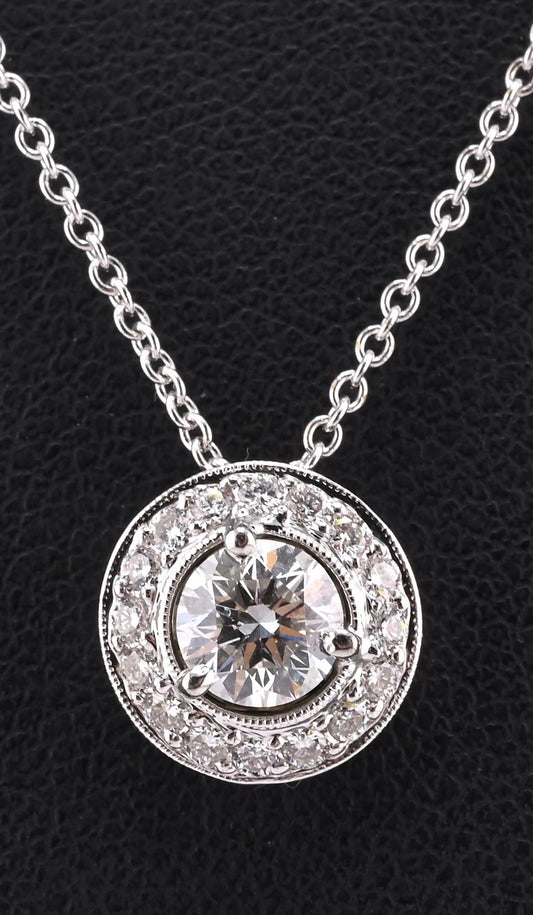 14K Gold Chain w/ 18K Diamond Halo Pendant Natural Diamond Approx 0.50 CT