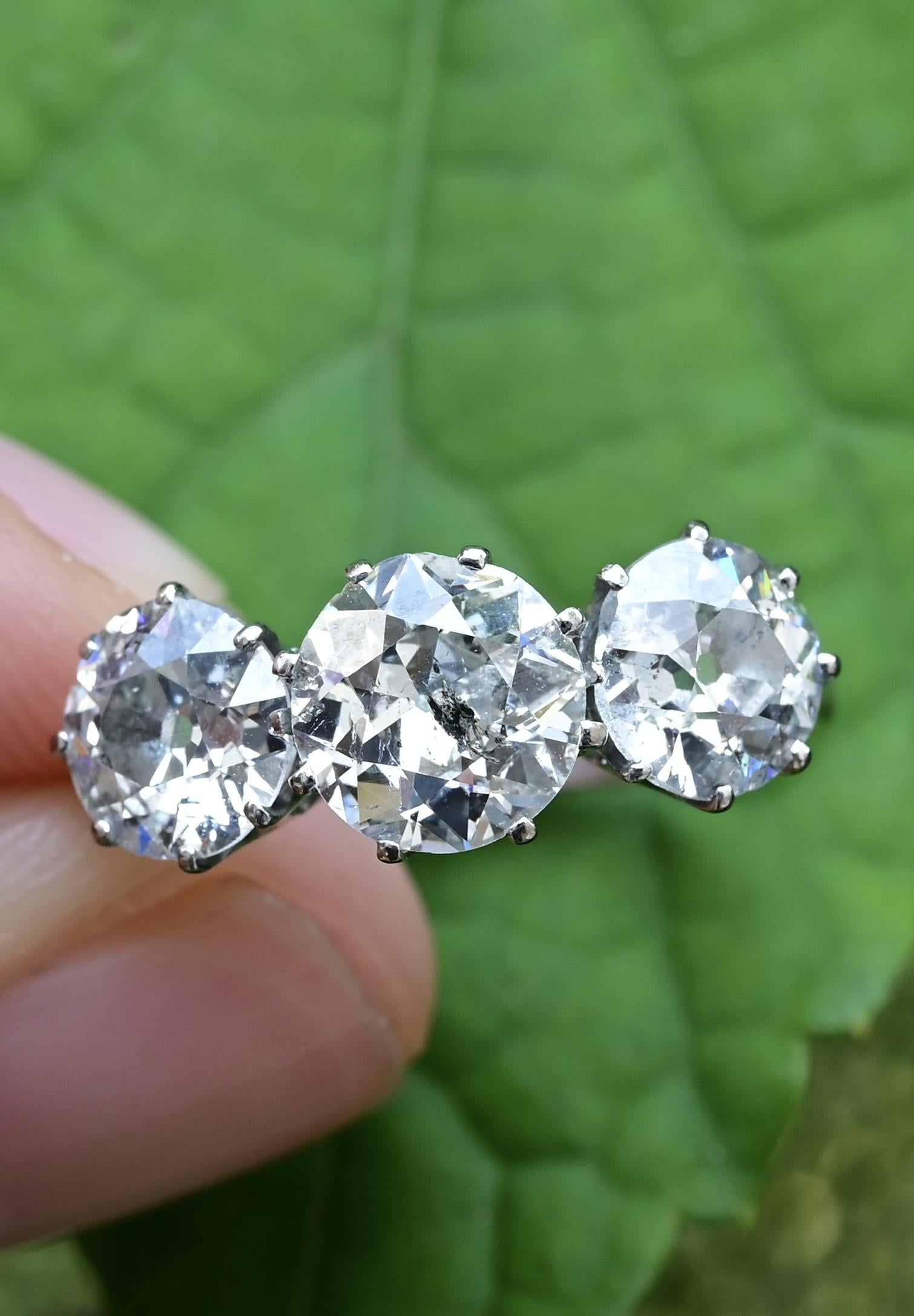 Art Deco 18K White Gold 3-Stone Ring – 3.00ct Old European Cut Diamonds Size 5