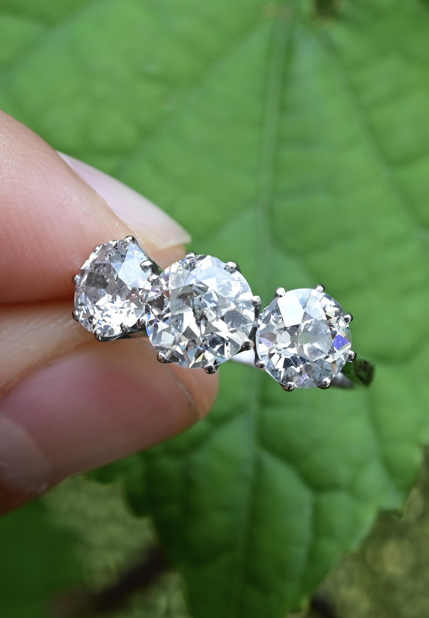 Art Deco 18K White Gold 3-Stone Ring – 3.00ct Old European Cut Diamonds Size 5