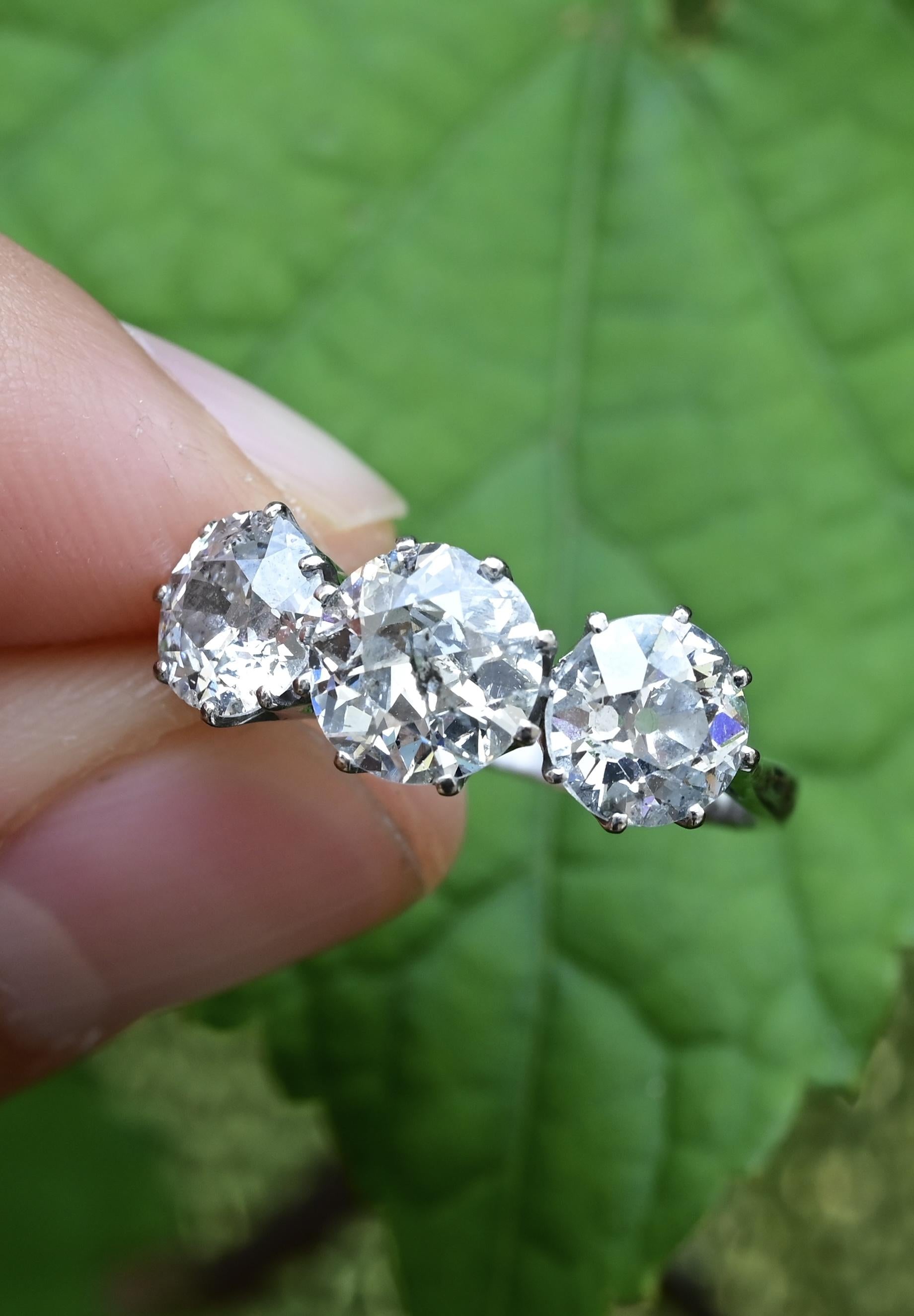 Art Deco 18K White Gold 3-Stone Ring – 3.00ct Old European Cut Diamonds Size 5