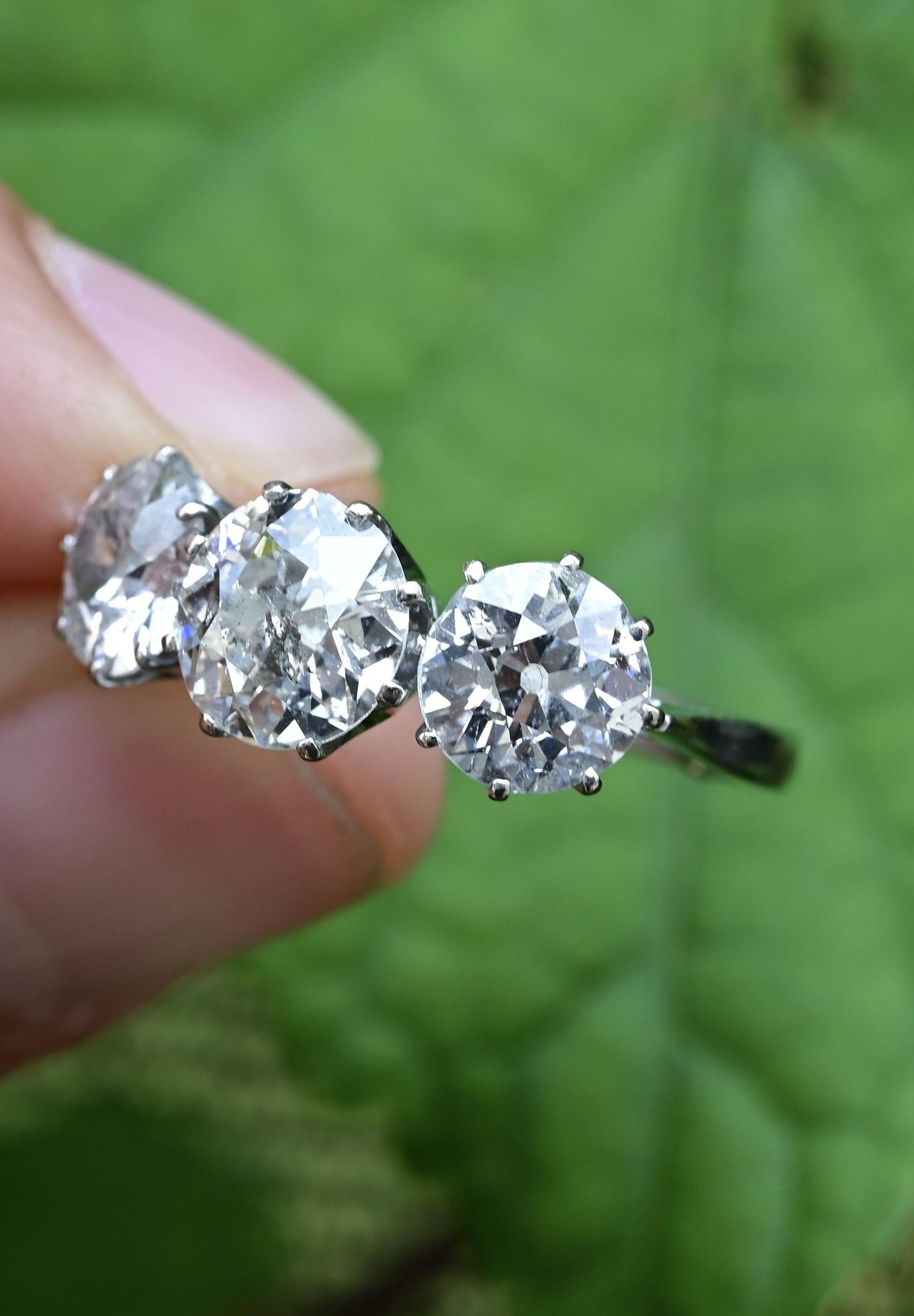 Art Deco 18K White Gold 3-Stone Ring – 3.00ct Old European Cut Diamonds Size 5