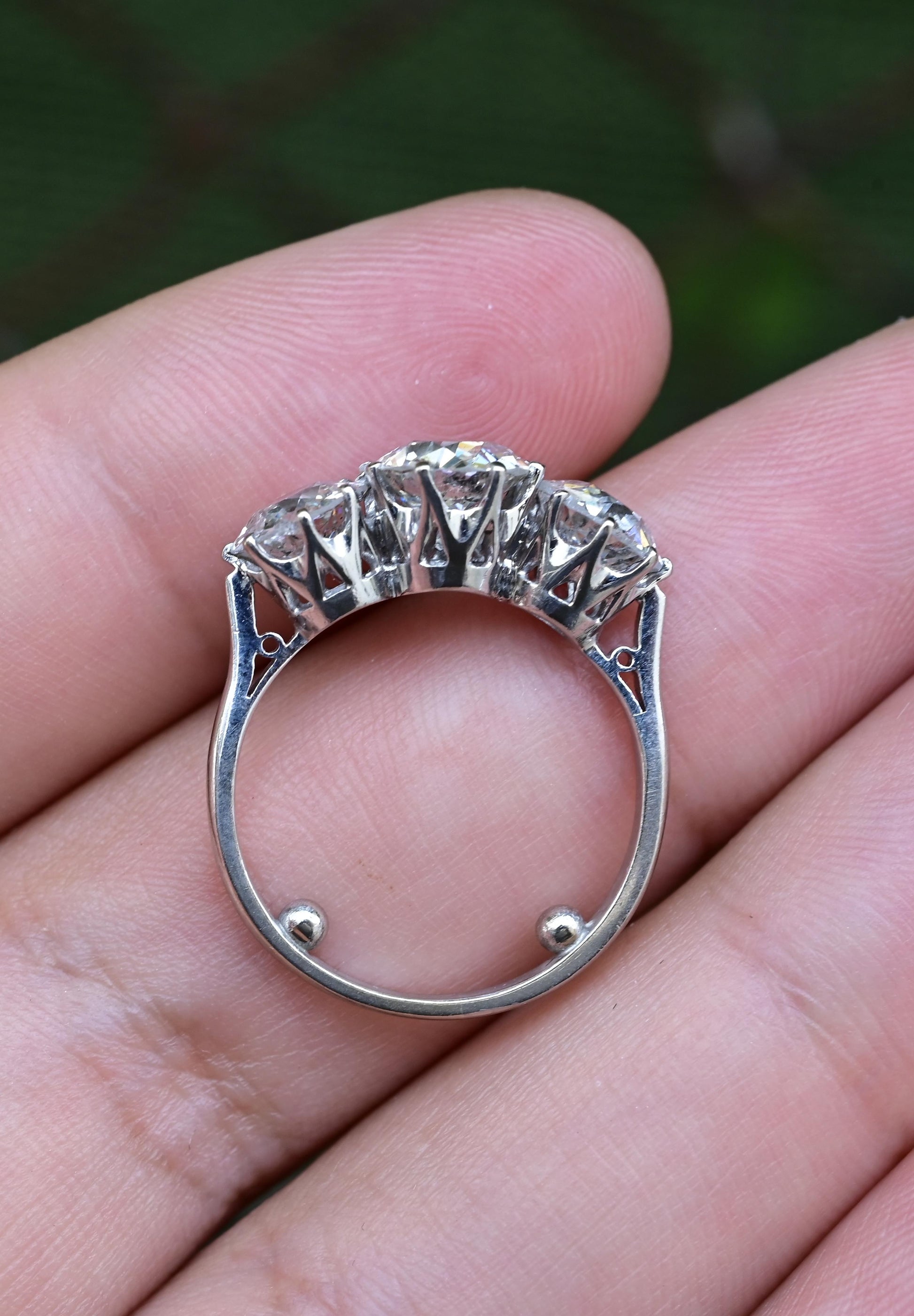 Art Deco 18K White Gold 3-Stone Ring – 3.00ct Old European Cut Diamonds Size 5