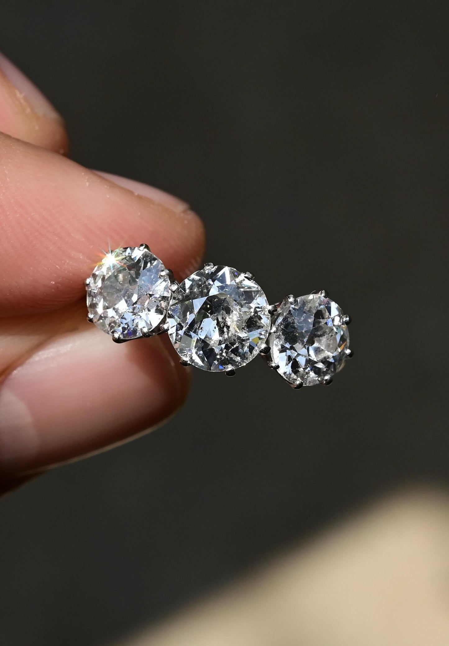 Art Deco 18K White Gold 3-Stone Ring – 3.00ct Old European Cut Diamonds Size 5