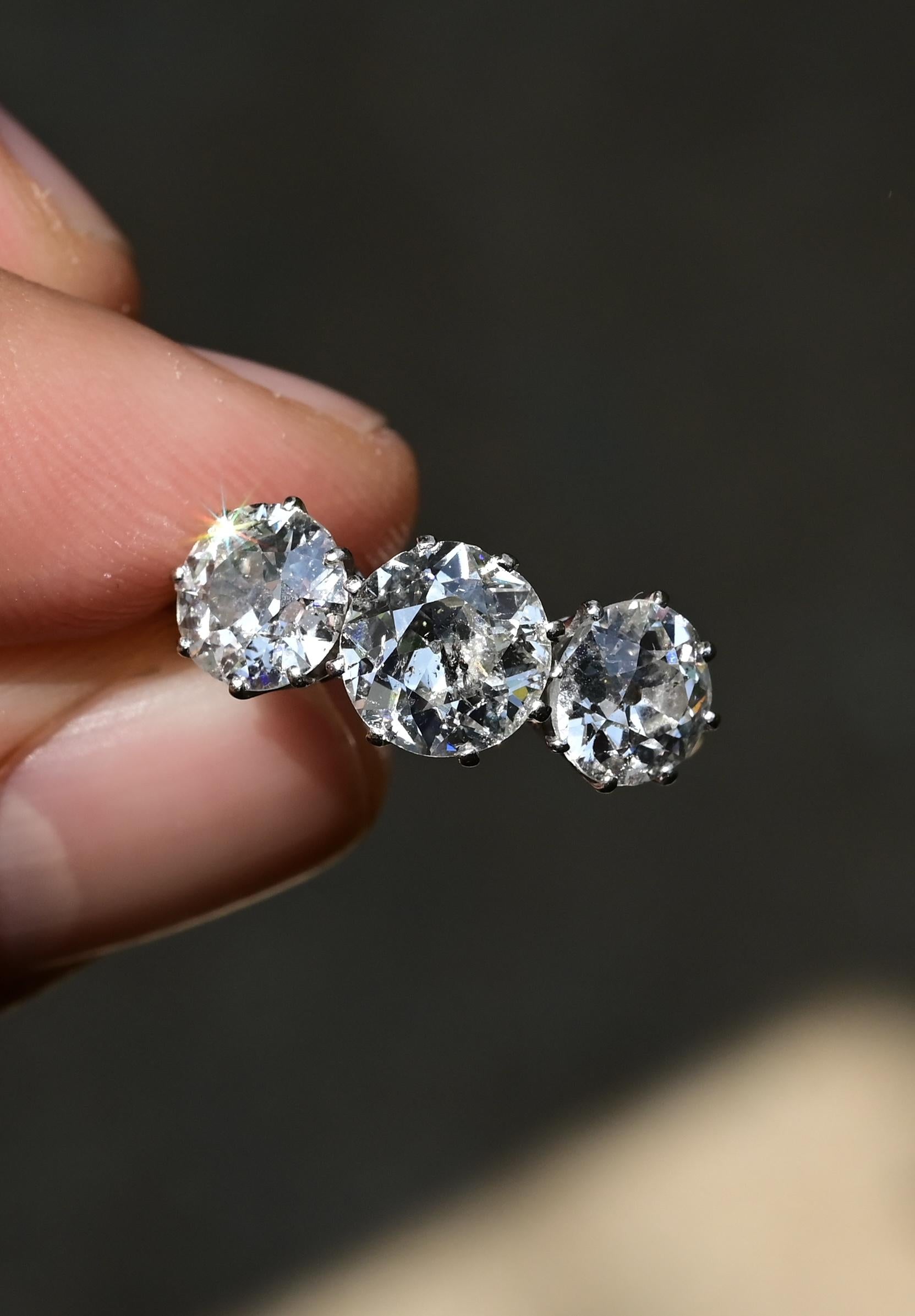 Art Deco 18K White Gold 3-Stone Ring – 3.00ct Old European Cut Diamonds Size 5