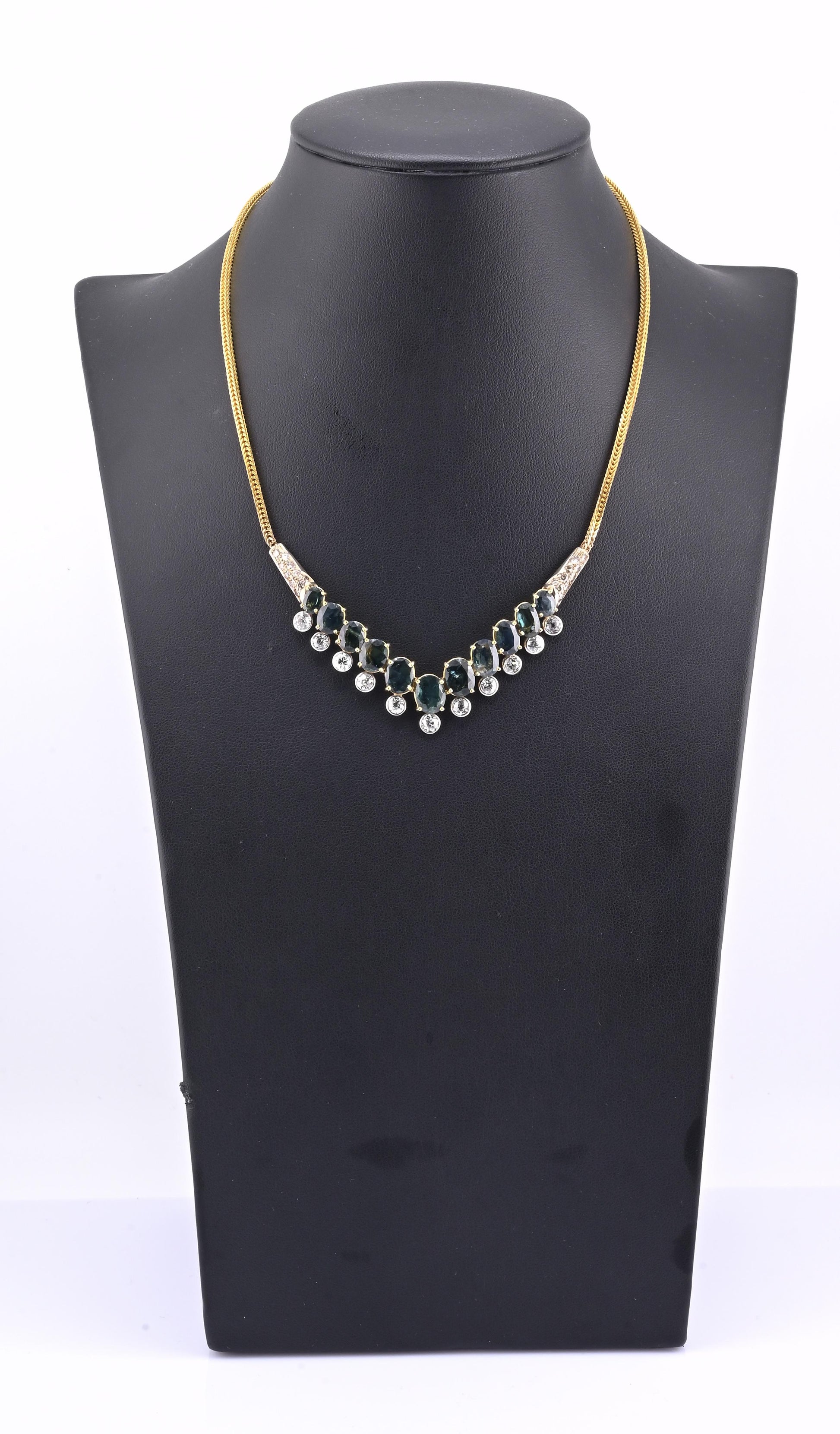 IGI Certified 14K Yellow Gold & Platinum Sapphire Diamond Necklace 19.00 CTW
